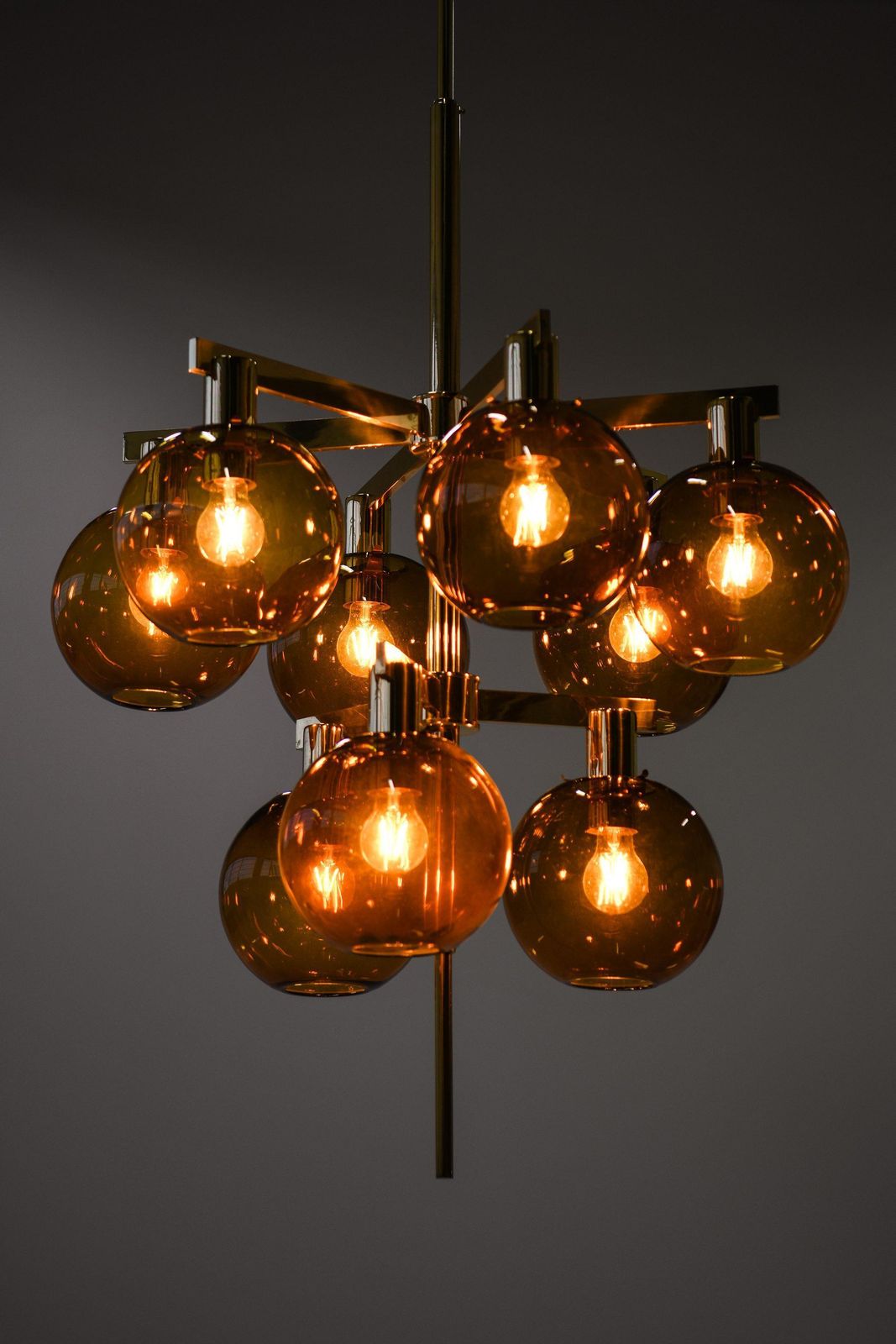 Ceiling Lamp Chandelier In Brass And Amber Glass By Hans Agne Jakobsson, 1950's photo vinterior