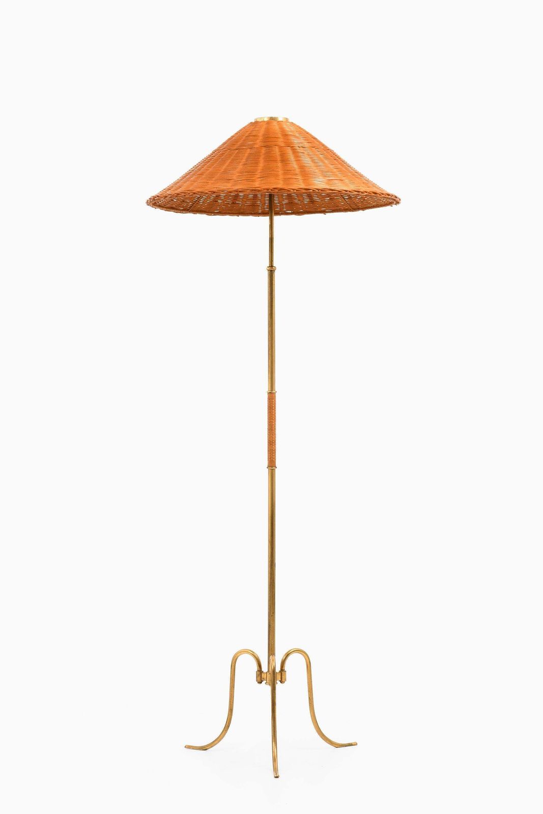 Height Adjustable Floor Lamp In Brass, Woven Cane And Rattan Shade, 1940's photo Lighting