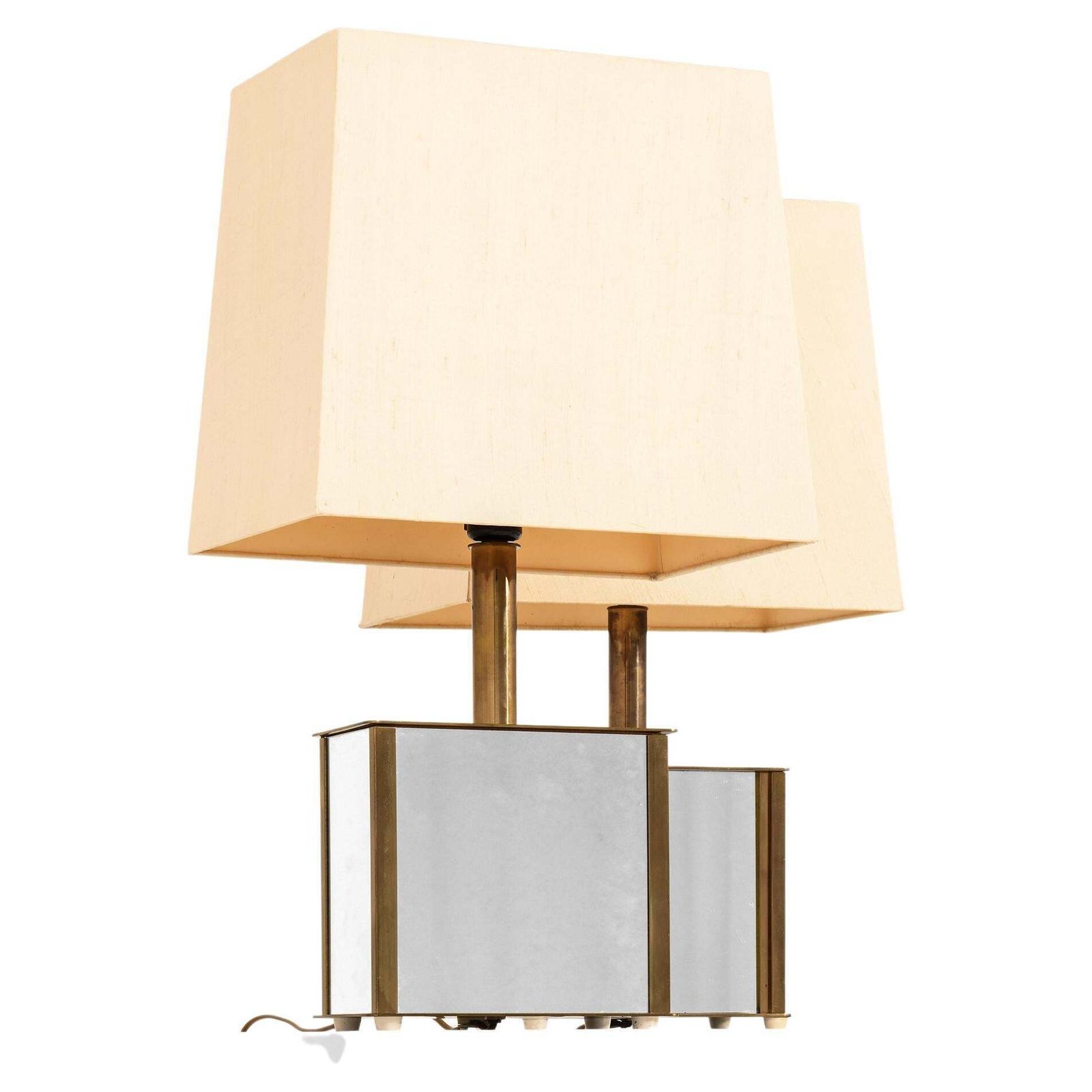 Pair Of Bergboms Table Lamps In Brass, Mirrored Glass And Silk Shades, 1970's