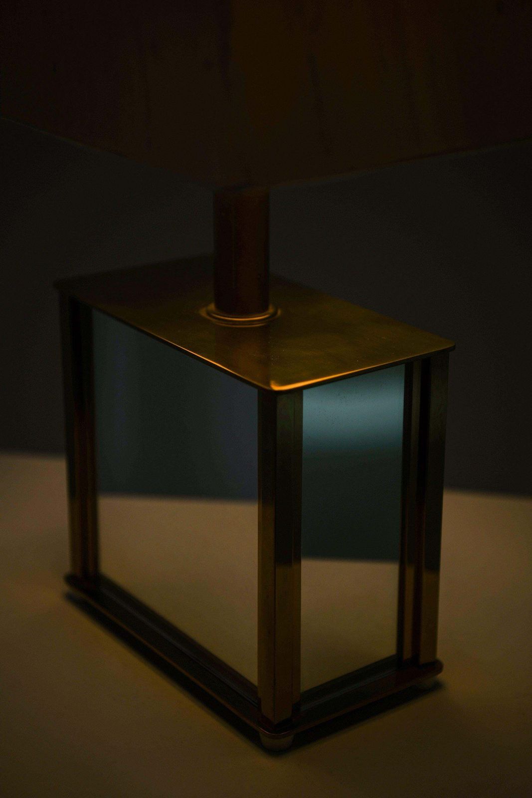 photo for sale Pair Of Bergboms Table Lamps In Brass, Mirrored Glass And Silk Shades, 1970's