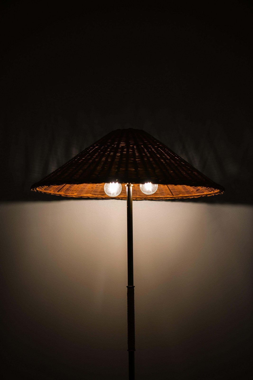 Height Adjustable Floor Lamp In Brass, Woven Cane And Rattan Shade, 1940's photo vintage