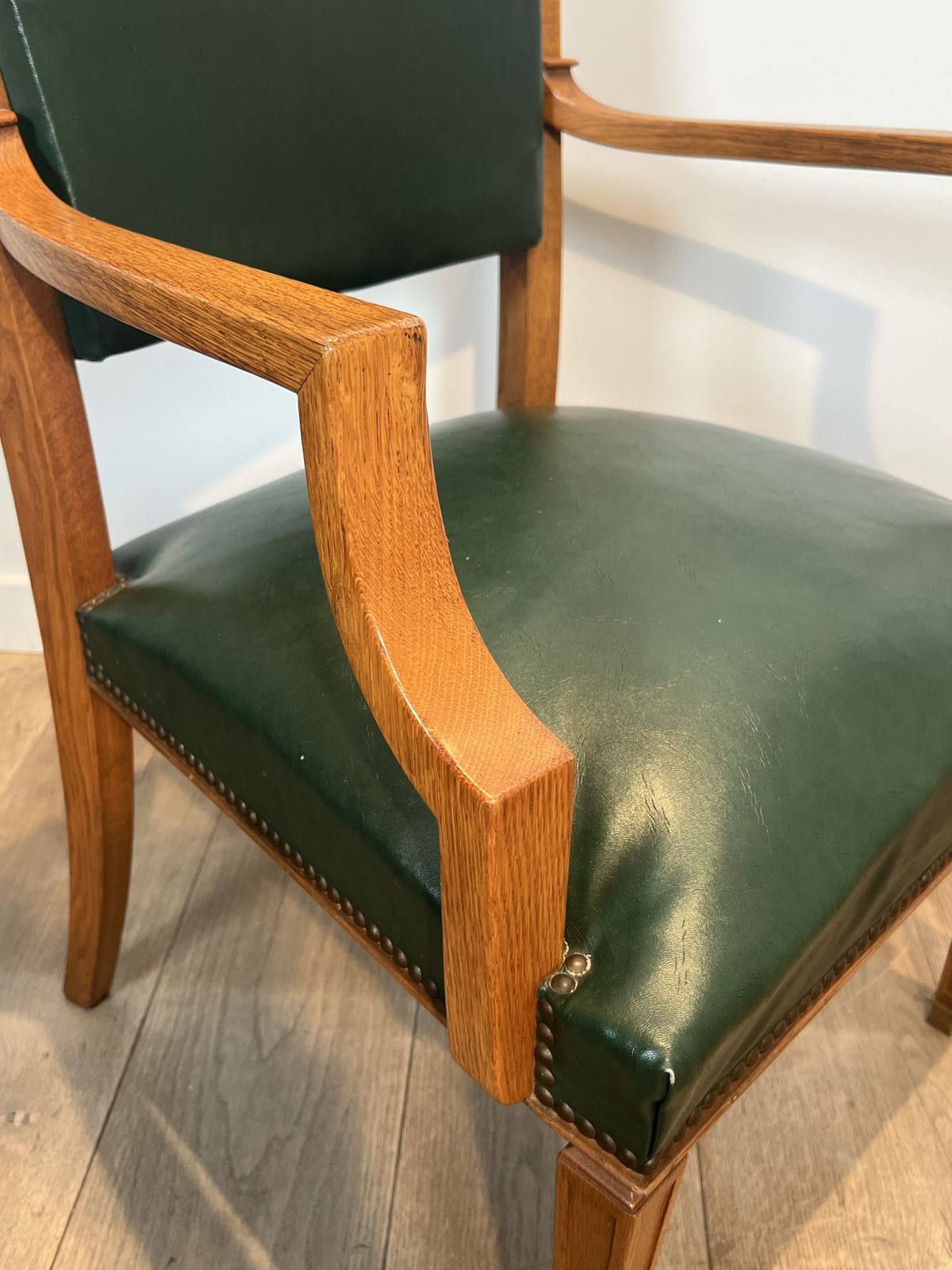 photo for sale Pair Of Art Deco Oak And Leather Armchairs By De Coene Frères