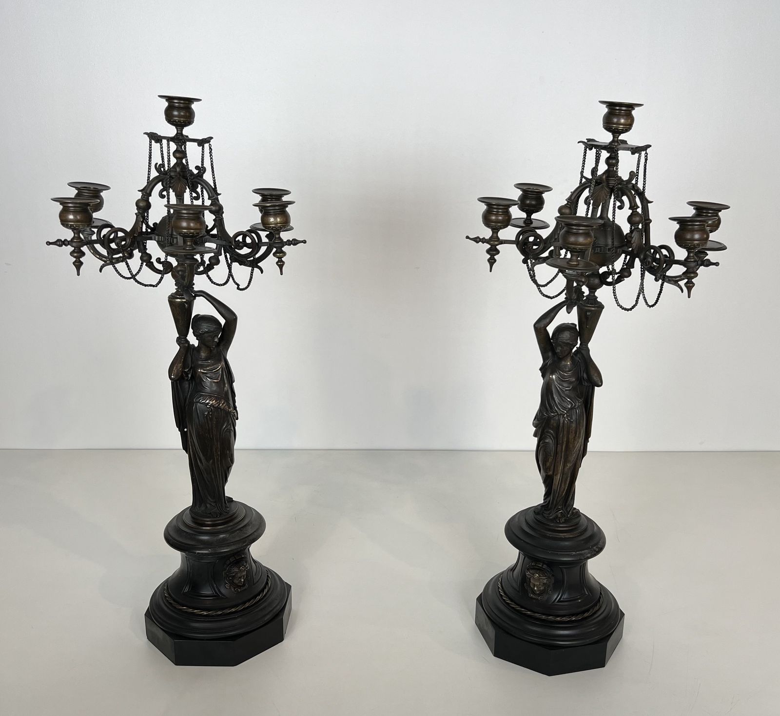 Pair Of Important Patinated Bronze Candelabras Featuring Caryatids Holding 5 Candlesticks In The Louis Valentin Elias Robert Style photo furniture