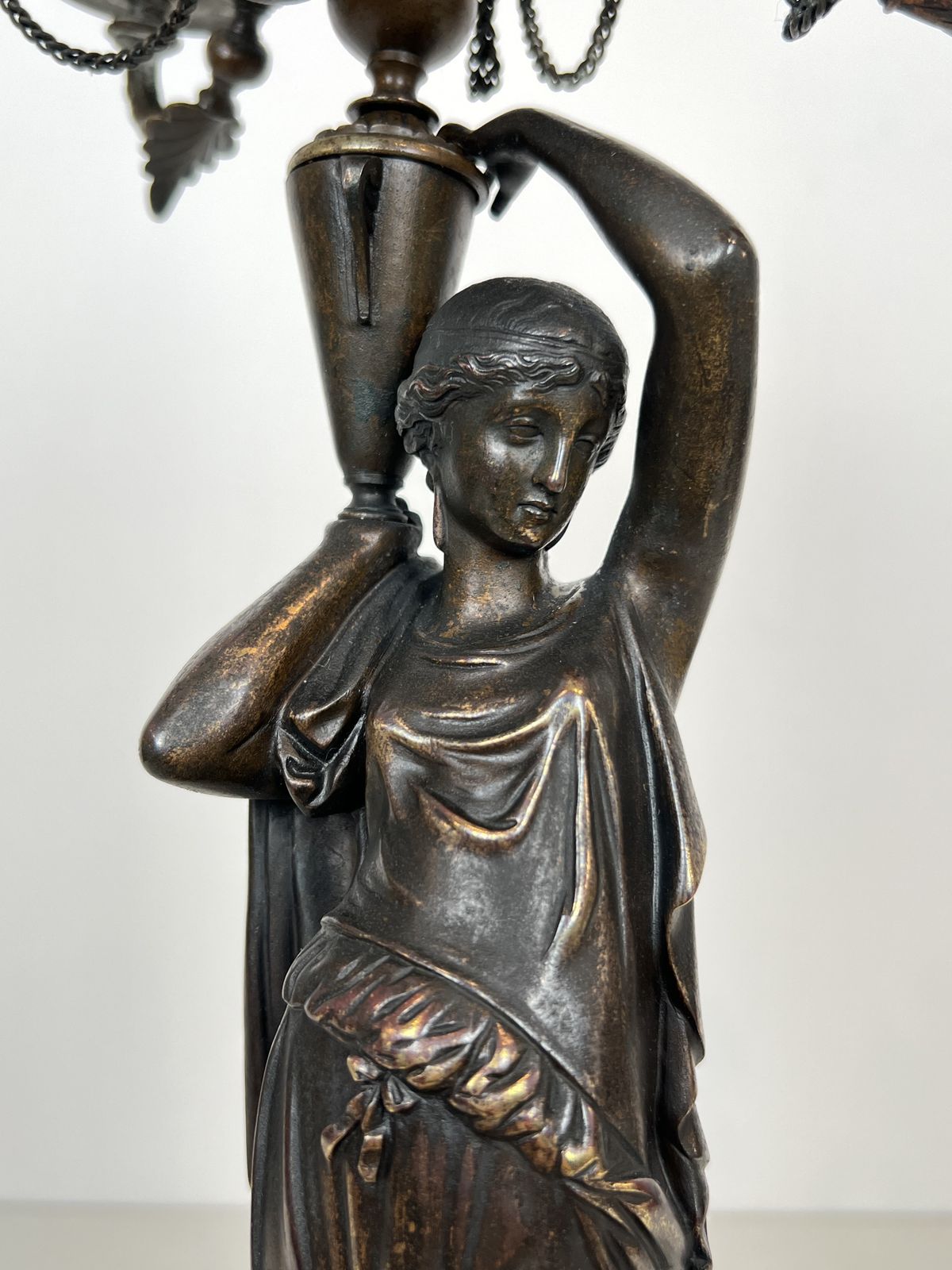 Pair Of Important Patinated Bronze Candelabras Featuring Caryatids Holding 5 Candlesticks In The Louis Valentin Elias Robert Style photo vinterior