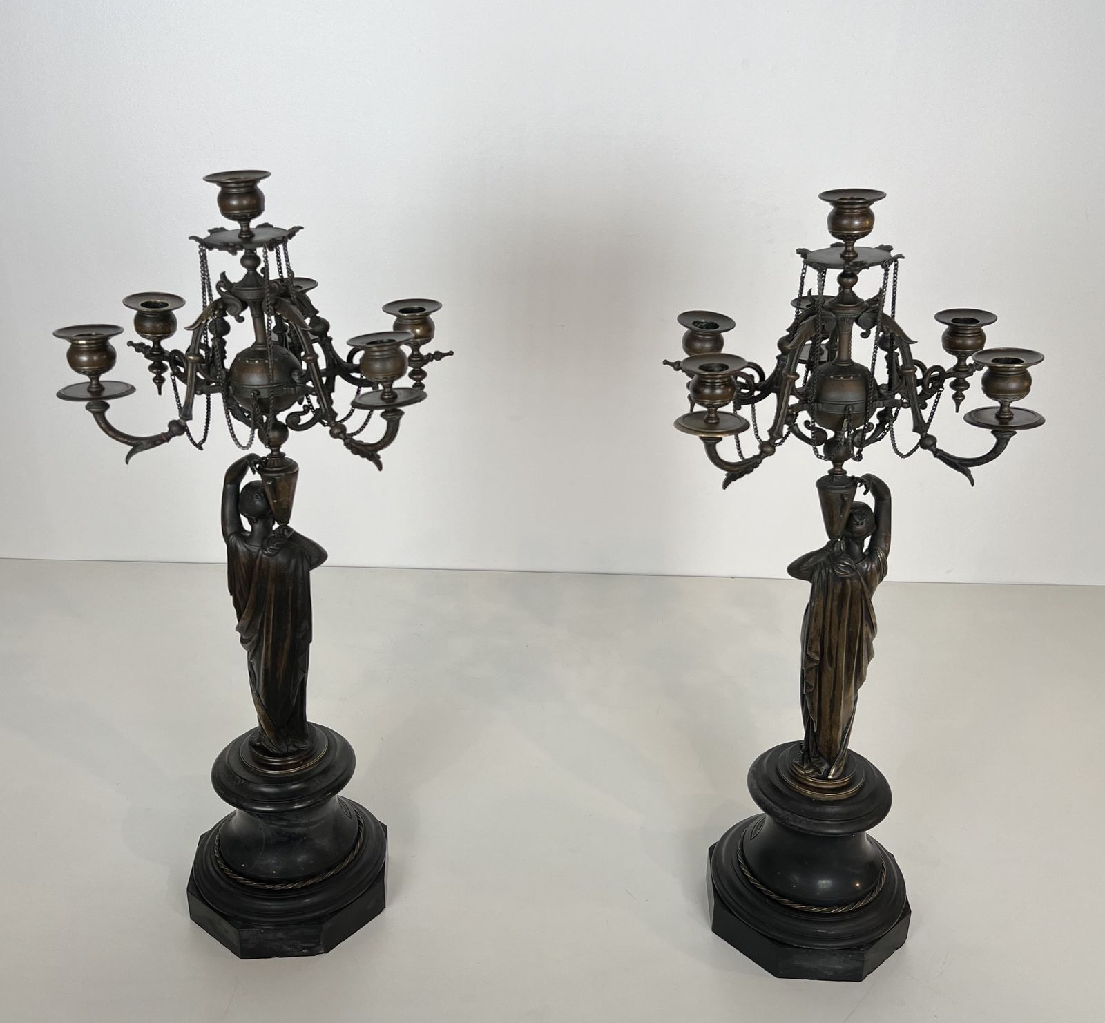 photo vinterior Pair Of Important Patinated Bronze Candelabras Featuring Caryatids Holding 5 Candlesticks In The Louis Valentin Elias Robert Style
