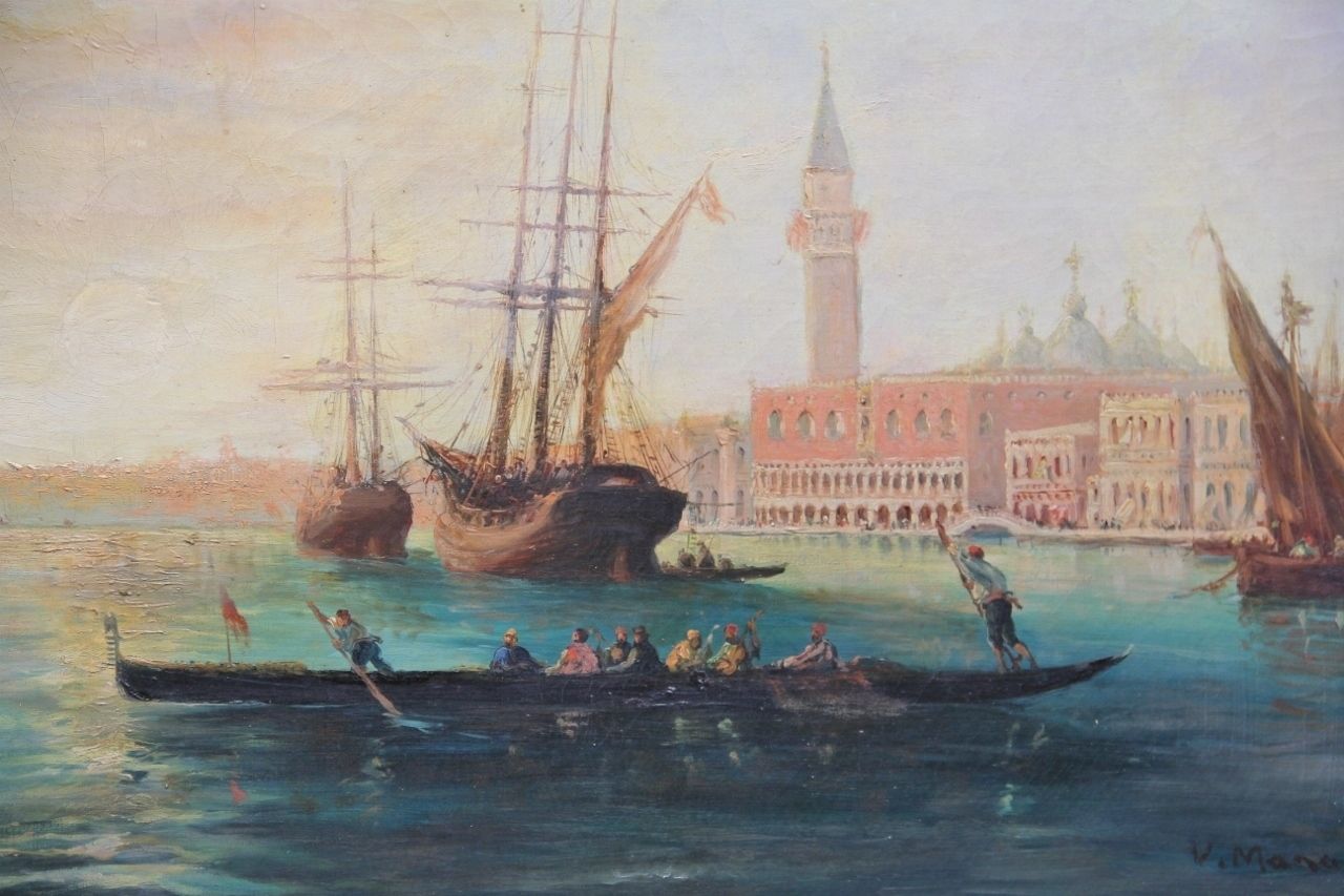 Early 20th Century Oil Painting Of The Venetian Lagoon photo for sale