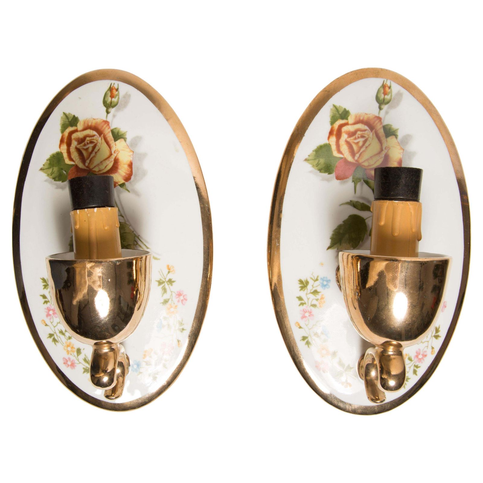 Set Of Two Porcelain Wall Lamps With Roses, Poland, 1960s