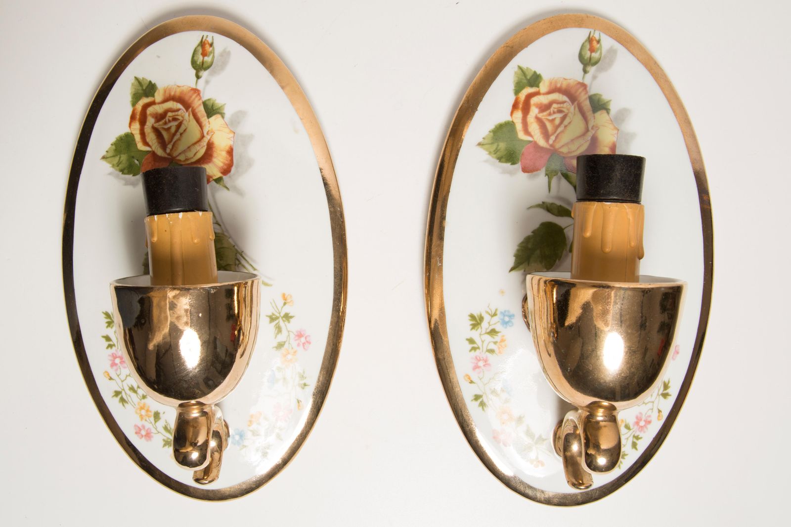 Set Of Two Porcelain Wall Lamps With Roses, Poland, 1960s photo furniture