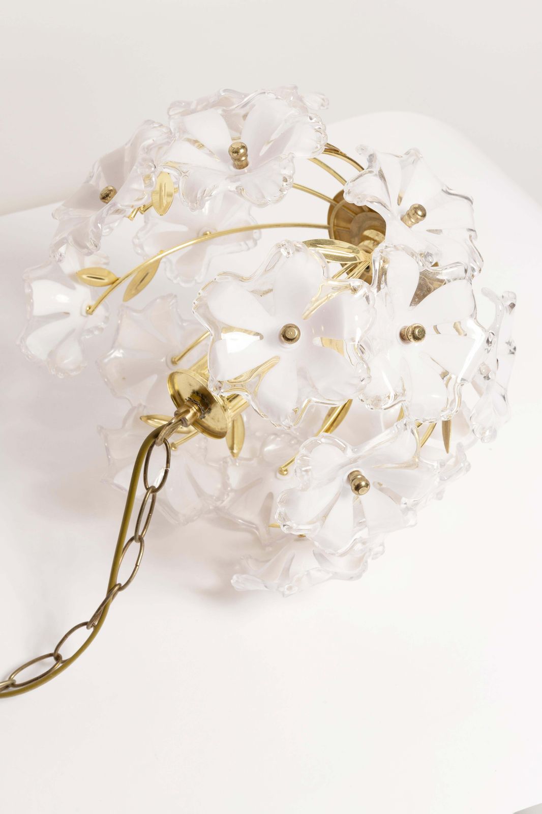 Lighting Mid Century, Hollywood Regency Medium Ceiling Lamp, White Flowers, Italy, 1960s photo