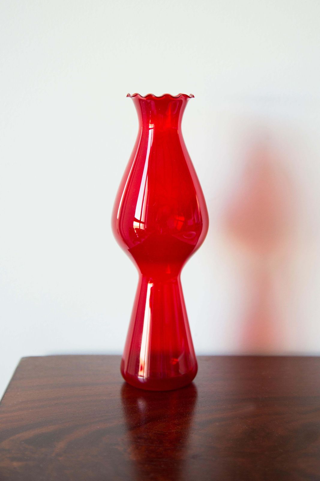 Mid Century Glass Slim Red Vase With A Frill, Europe, 1960s photo furniture