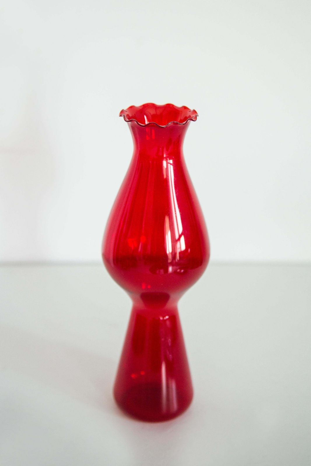 Mid Century Glass Slim Red Vase With A Frill, Europe, 1960s photo vinterior