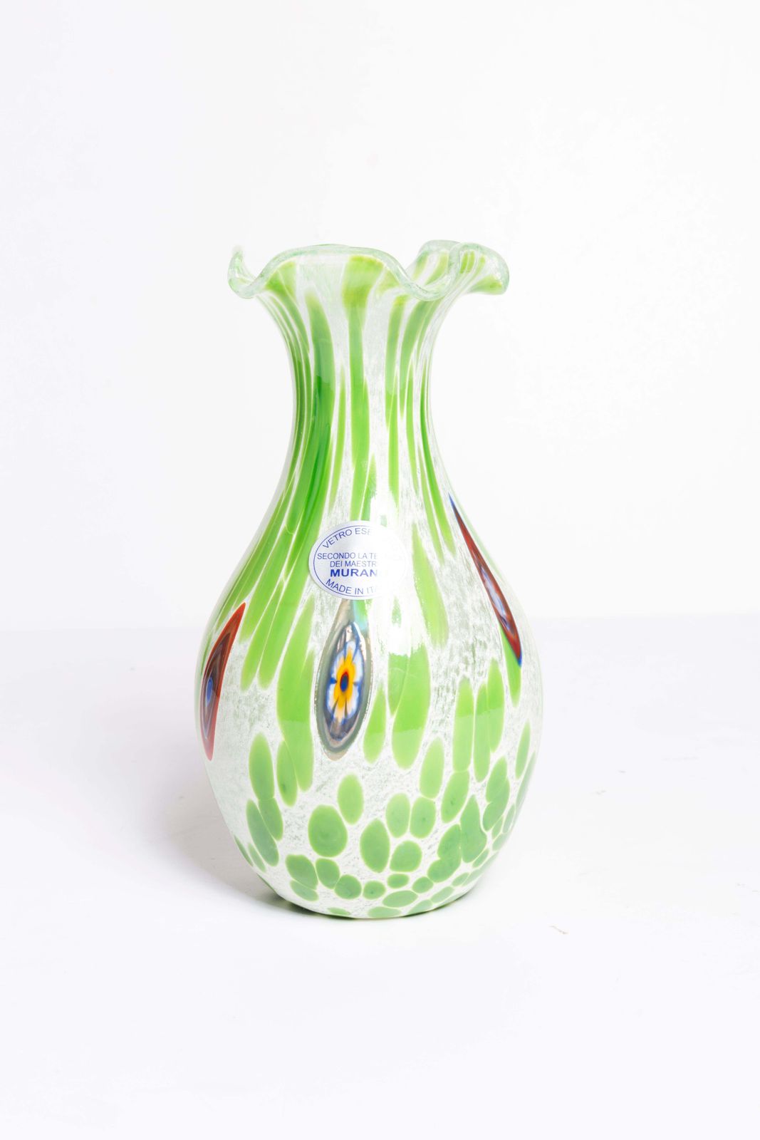 Mid Century Vintage Green Dots Small Murano Vase, Italy, 1960s photo Home Decor