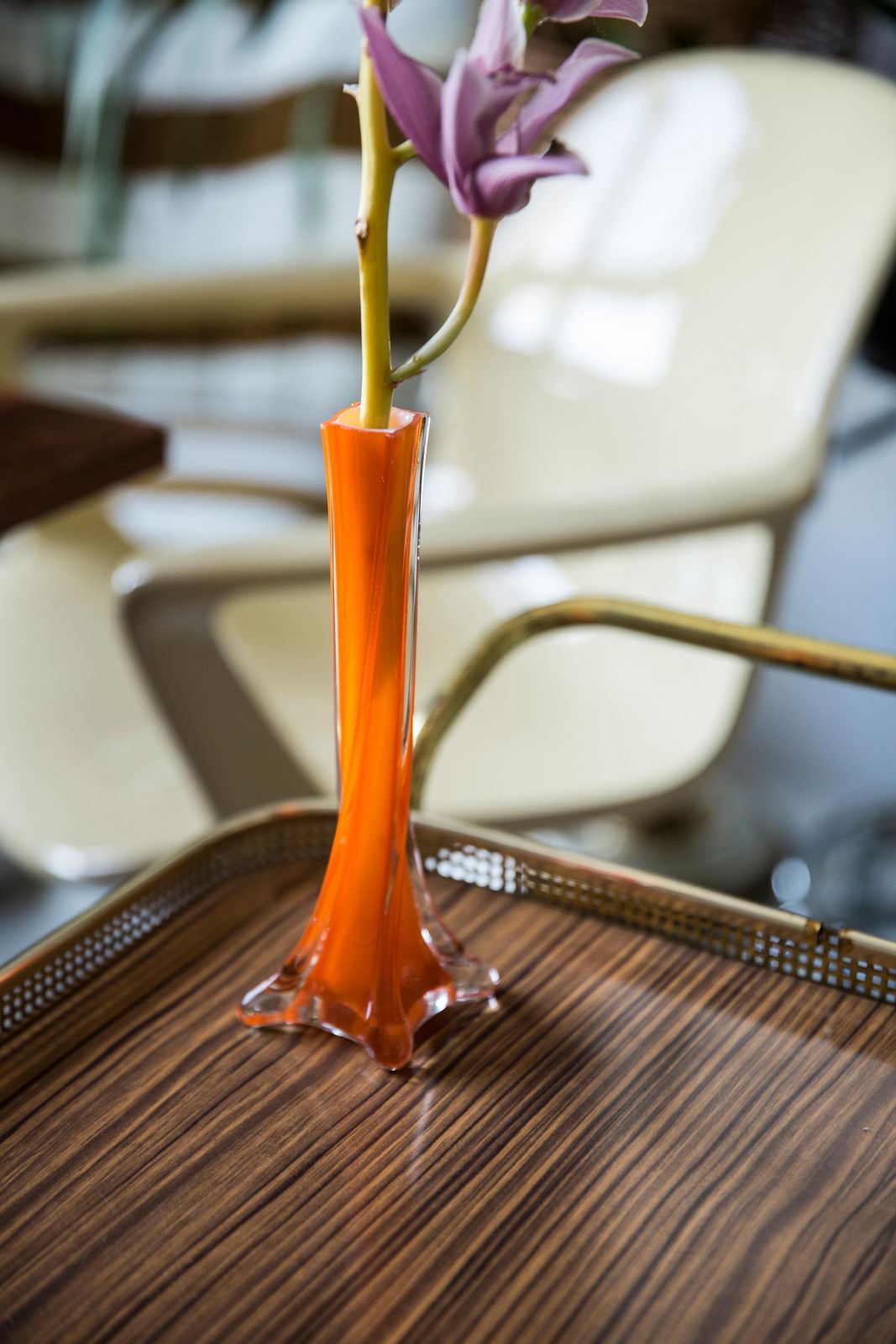 Midcentury Vintage Slim Orange Decorative Glass Vase, Europe, 1960s photo furniture