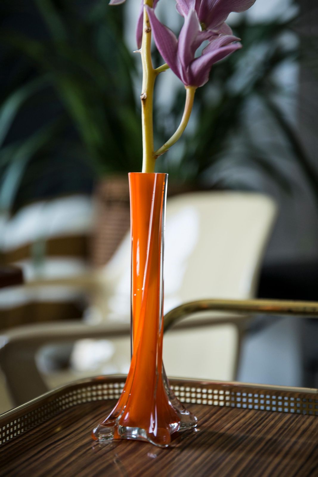 Midcentury Vintage Slim Orange Decorative Glass Vase, Europe, 1960s photo for sale