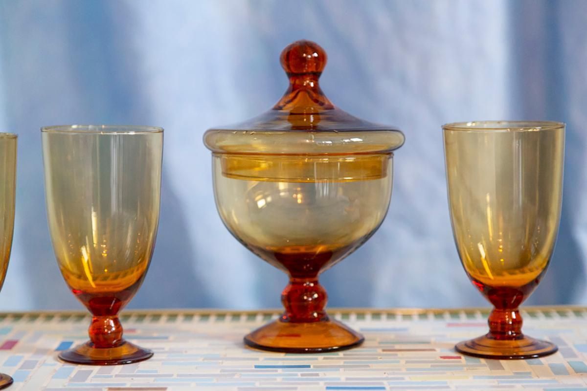 Set Of Four Mid Century Glasses And Sugar Bowl, Murano, Europe, 1960s photo Home Decor