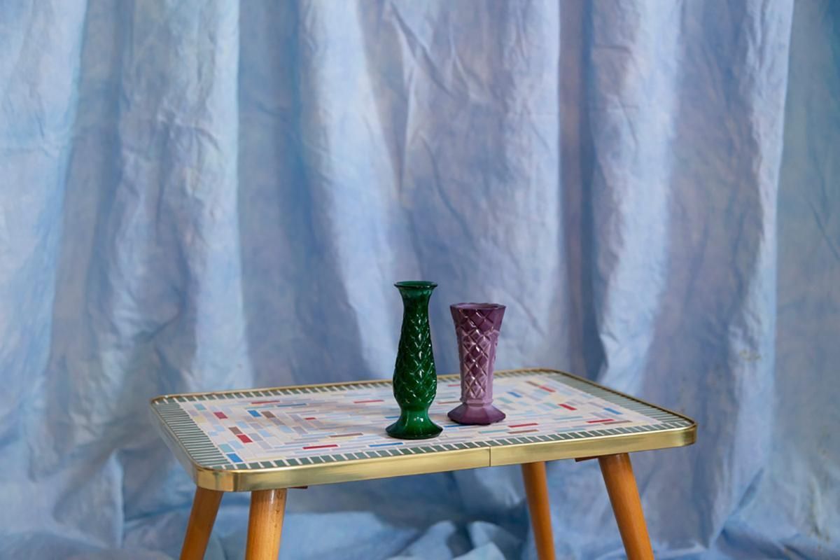 Set Of Two Mid Century Green And Purple Artistic Mini Vases, Europe, 1960s photo furniture