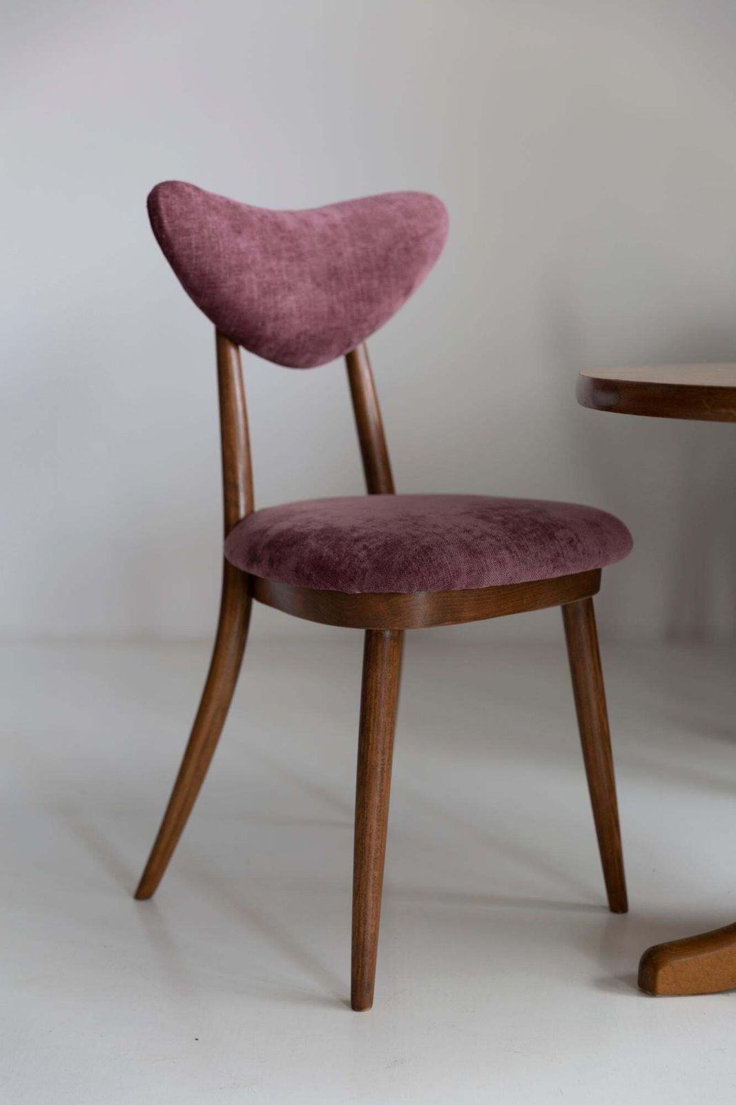 Midcentury Plum Violet Velvet, Walnut Wood Heart Chair, Europe, 1960s photo for sale