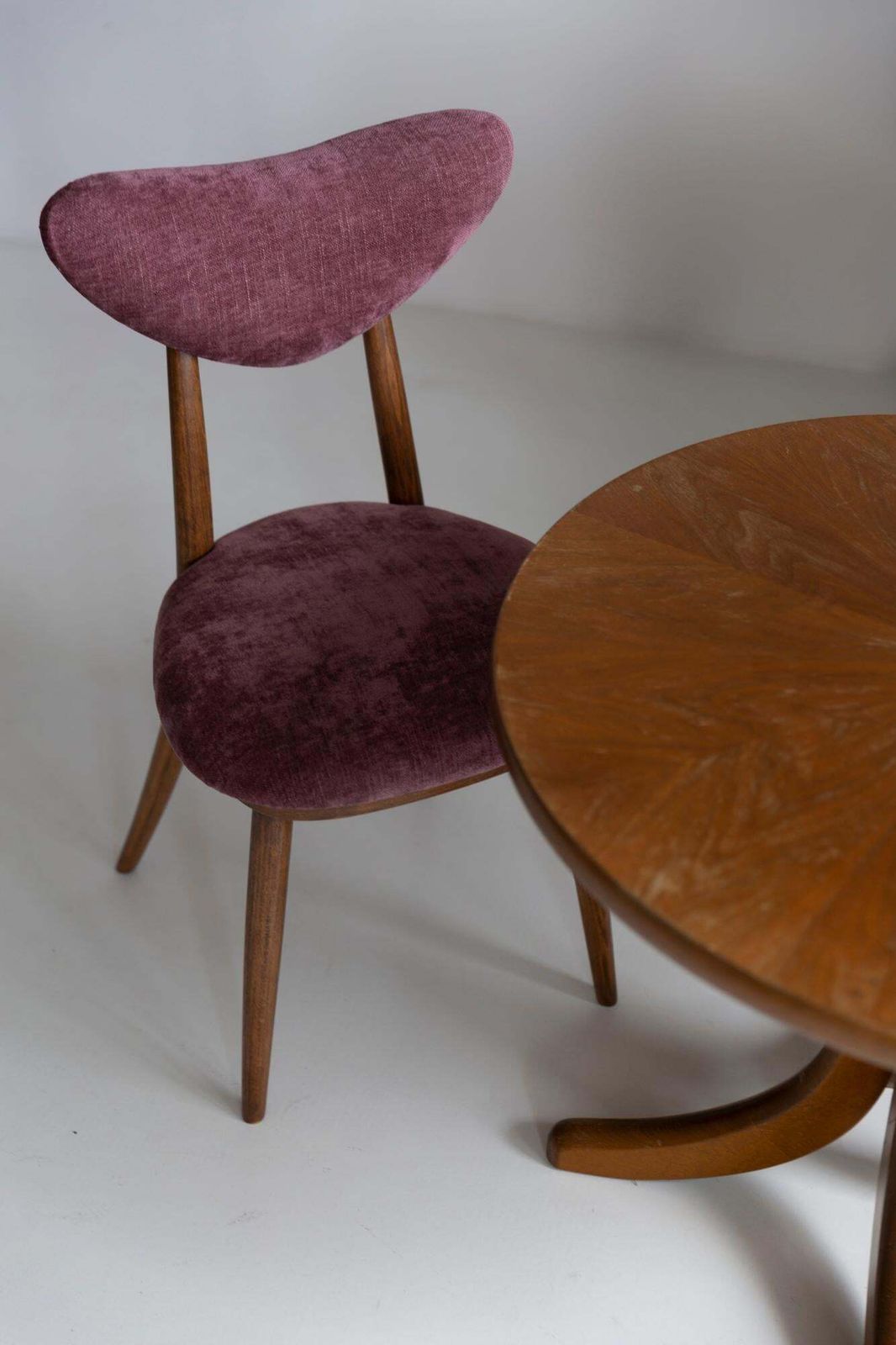 Midcentury Plum Violet Velvet, Walnut Wood Heart Chair, Europe, 1960s photo 510.0