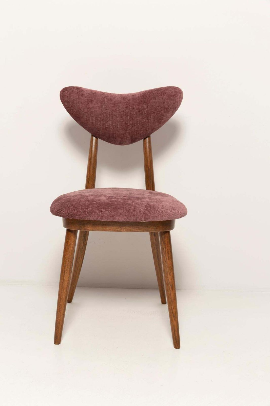 photo buy Midcentury Plum Violet Velvet, Walnut Wood Heart Chair, Europe, 1960s