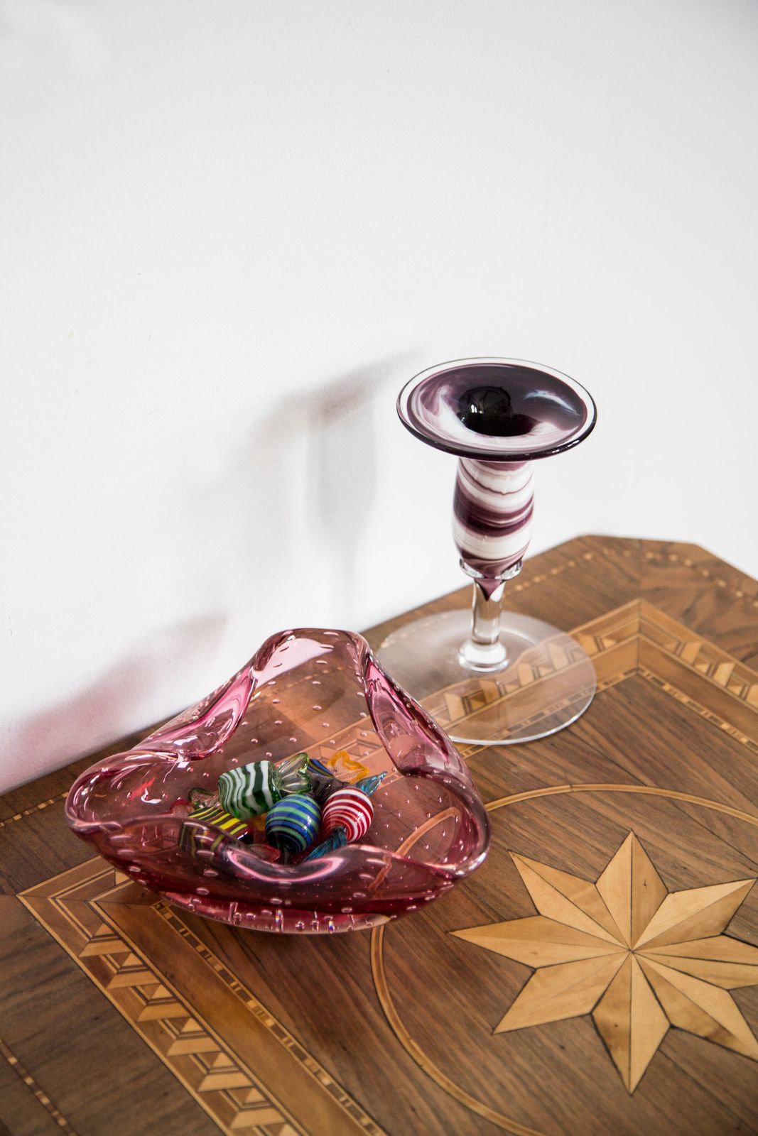 Mid Century White And Purple Small Artistic Glass Candlestick, Europe, 1970s photo for sale
