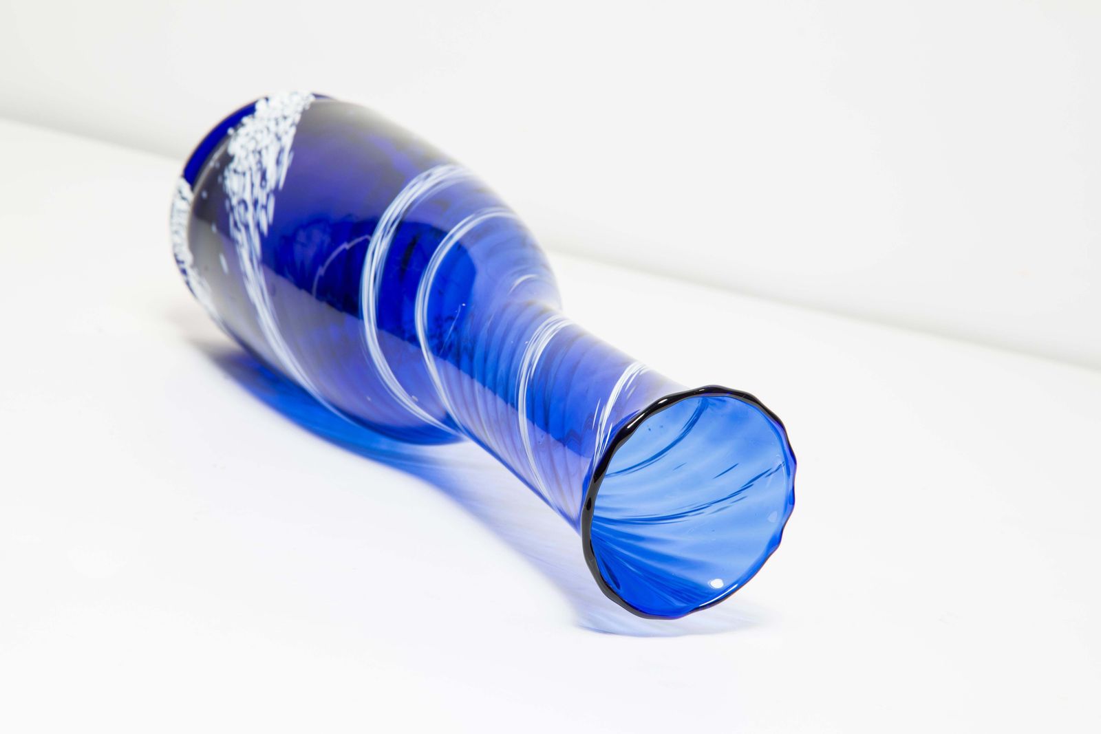 photo for sale Mid Century Vintage Blue And White Artistic Glass Vase Bottle, Europe, 1970s