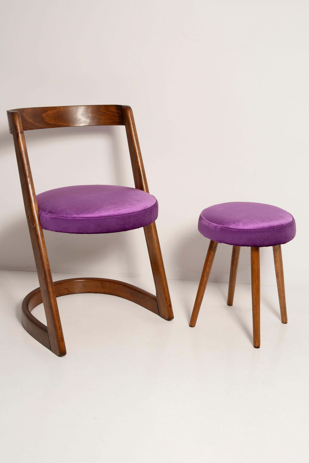 Midcentury Purple Velvet Halfa Chair And Stool, Baumann, France, 1970s photo buy