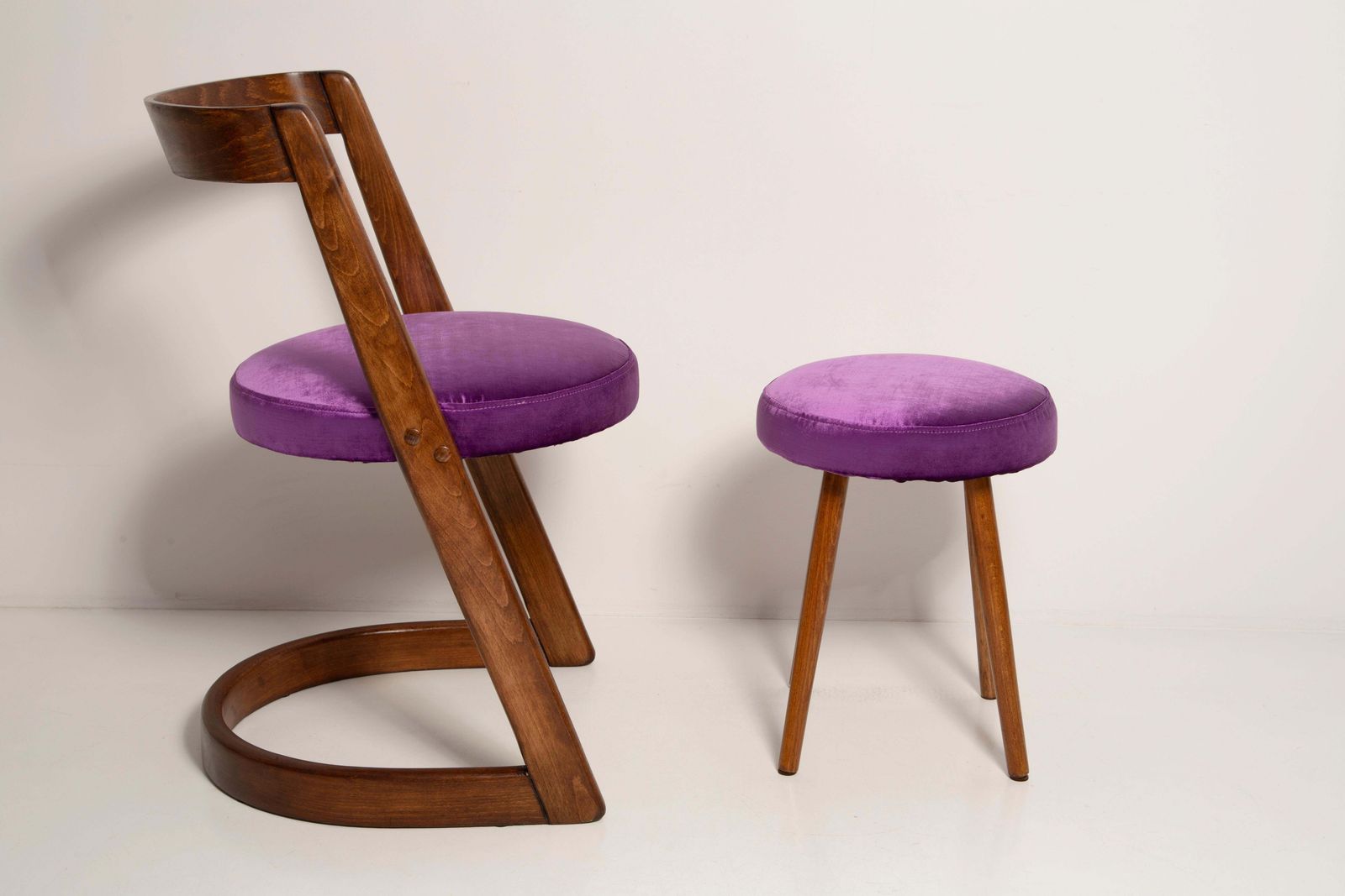 Midcentury Purple Velvet Halfa Chair And Stool, Baumann, France, 1970s photo vintage