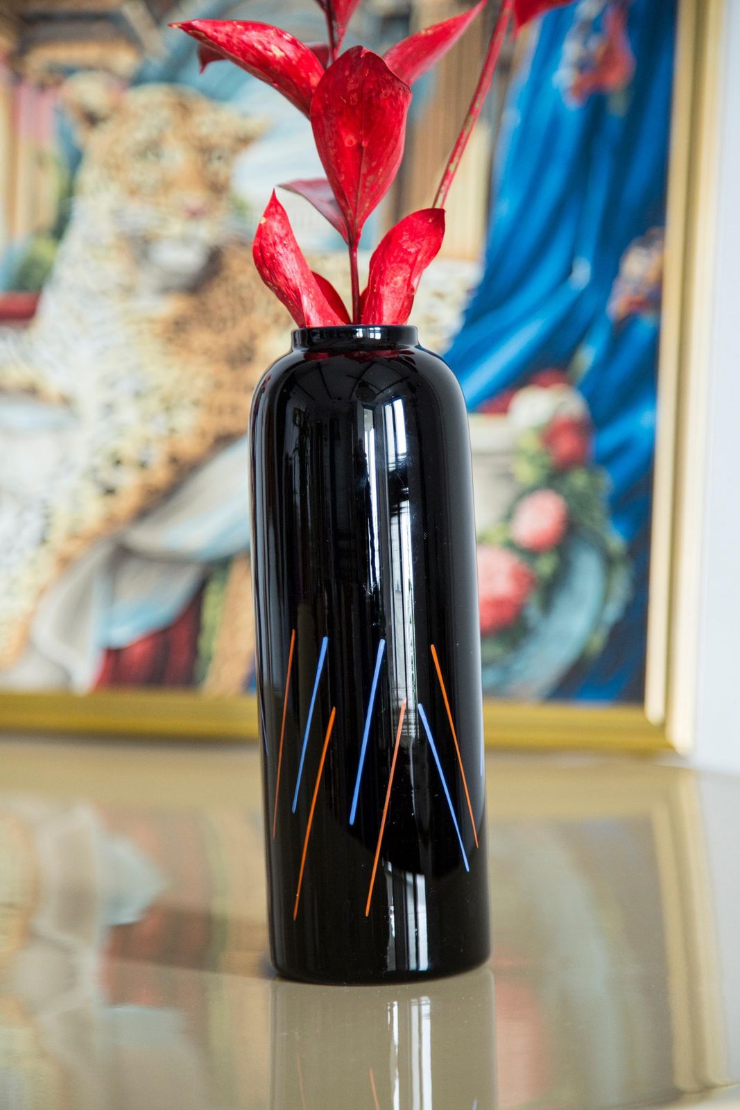 Unique Hand Painted Black And Blue Red Vase, 20th Century, Europe, 2000s photo buy