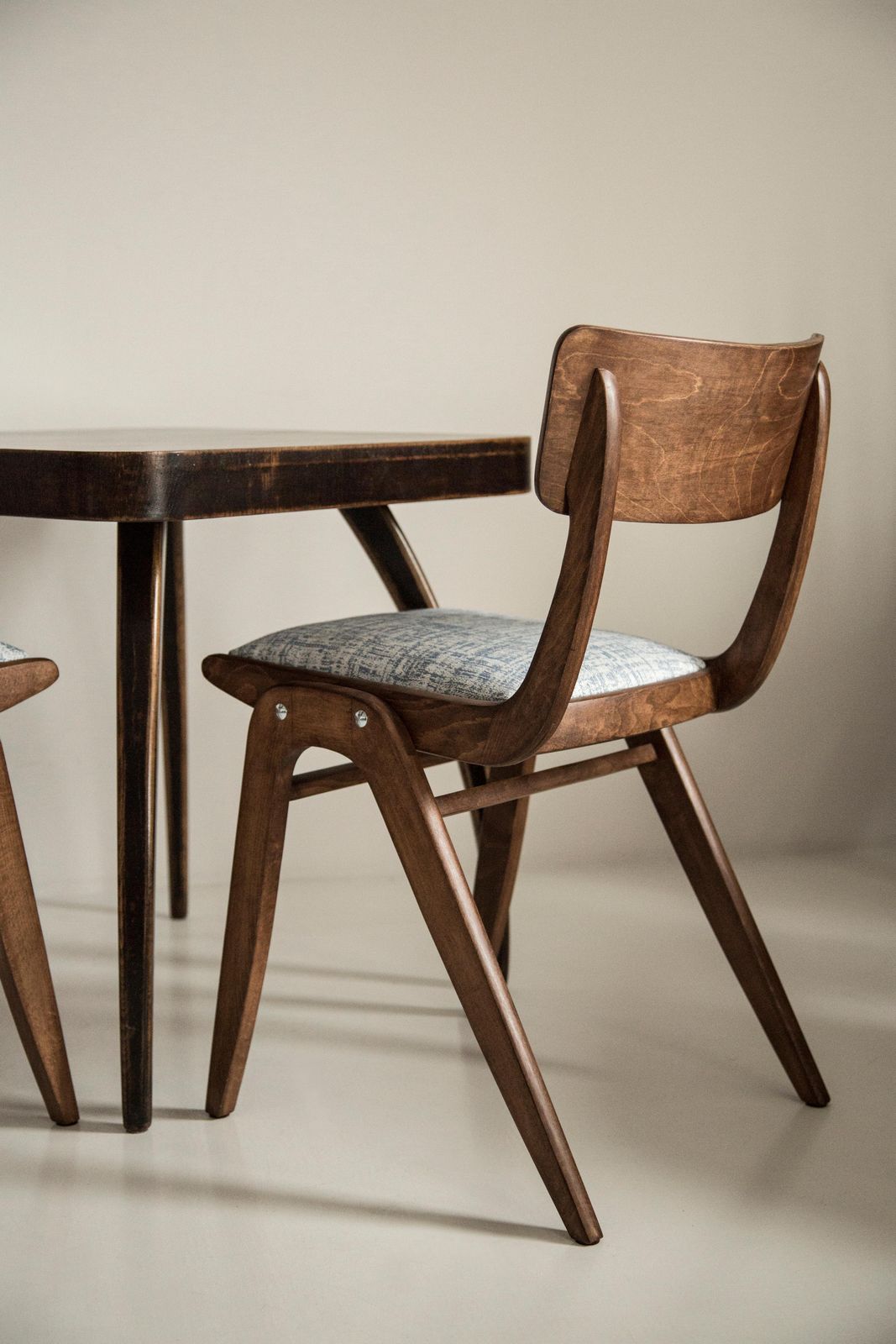 Midcentury White And Blue Linnen Boomerang Chair, Dark Wood, Poland, 1960s photo for sale