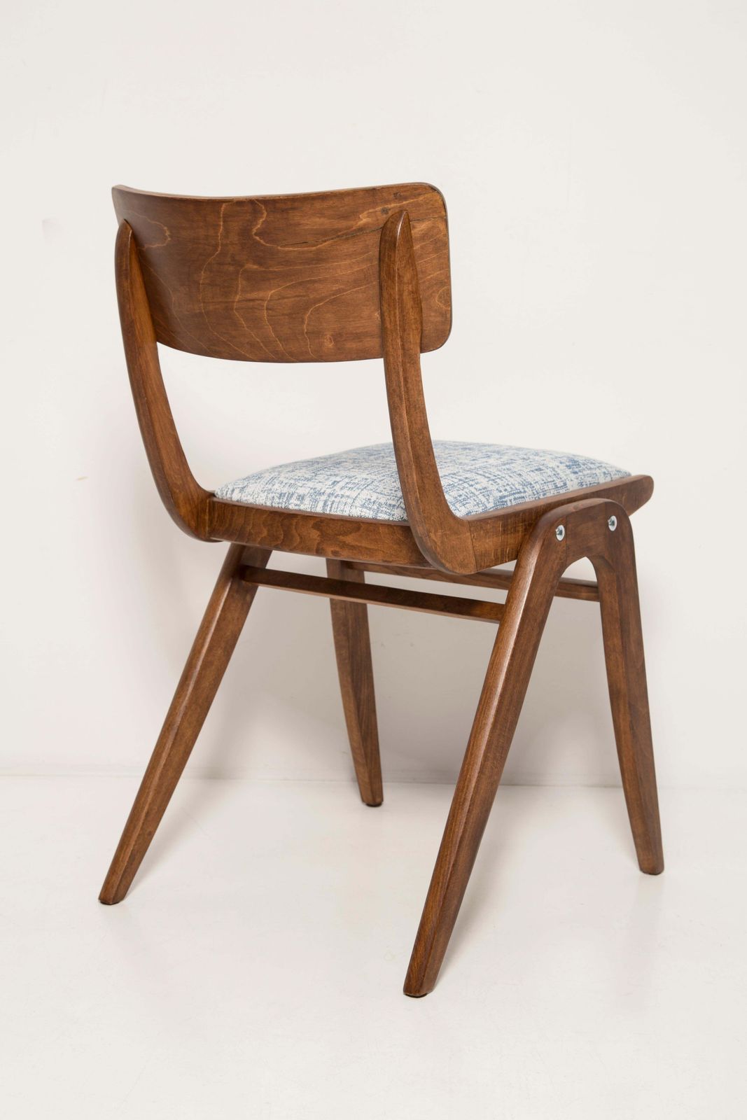 photo furniture Midcentury White And Blue Linnen Boomerang Chair, Dark Wood, Poland, 1960s