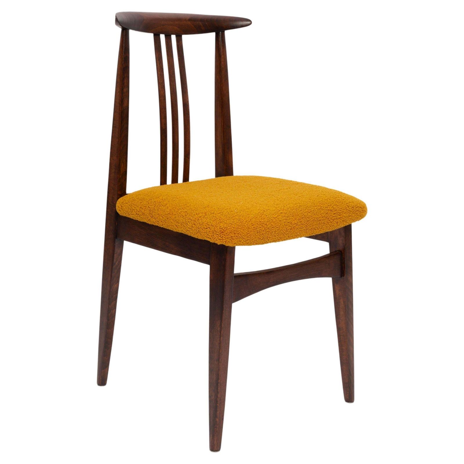 Mid Century Ochre Boucle Chair, Walnut Wood, M. Zielinski, Europe, 1960s