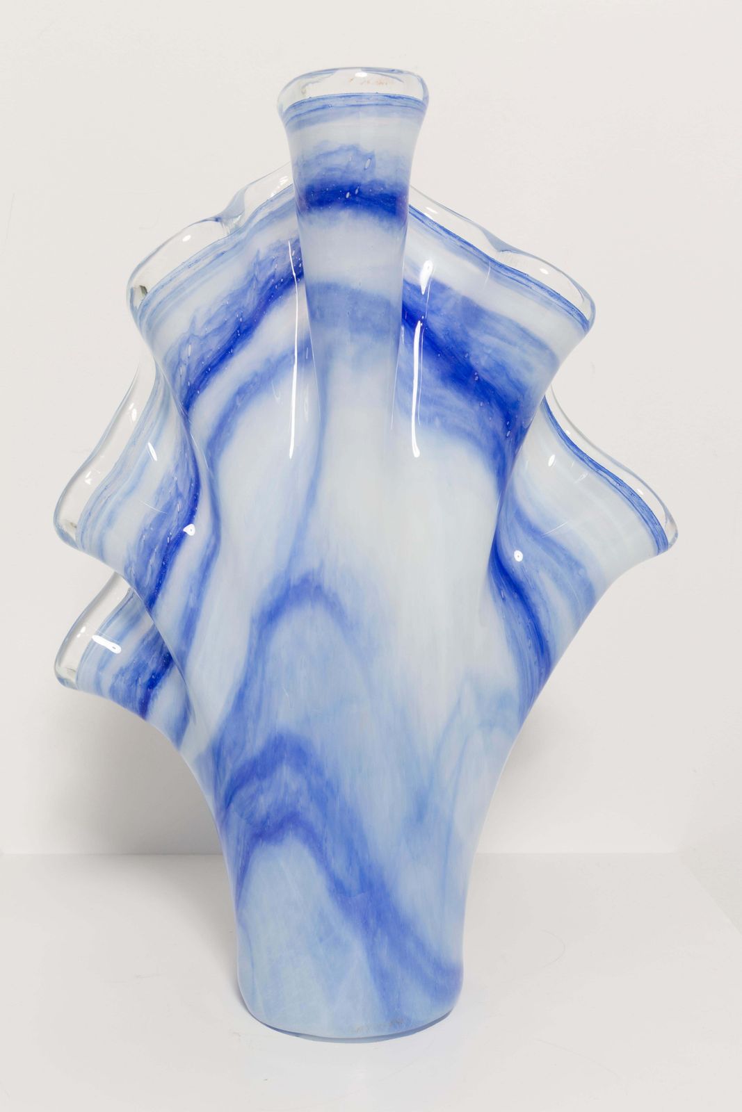 Home Decor Mid Century Vintage White And Blue Big Murano Glass Vase, Italy, 2000s photo