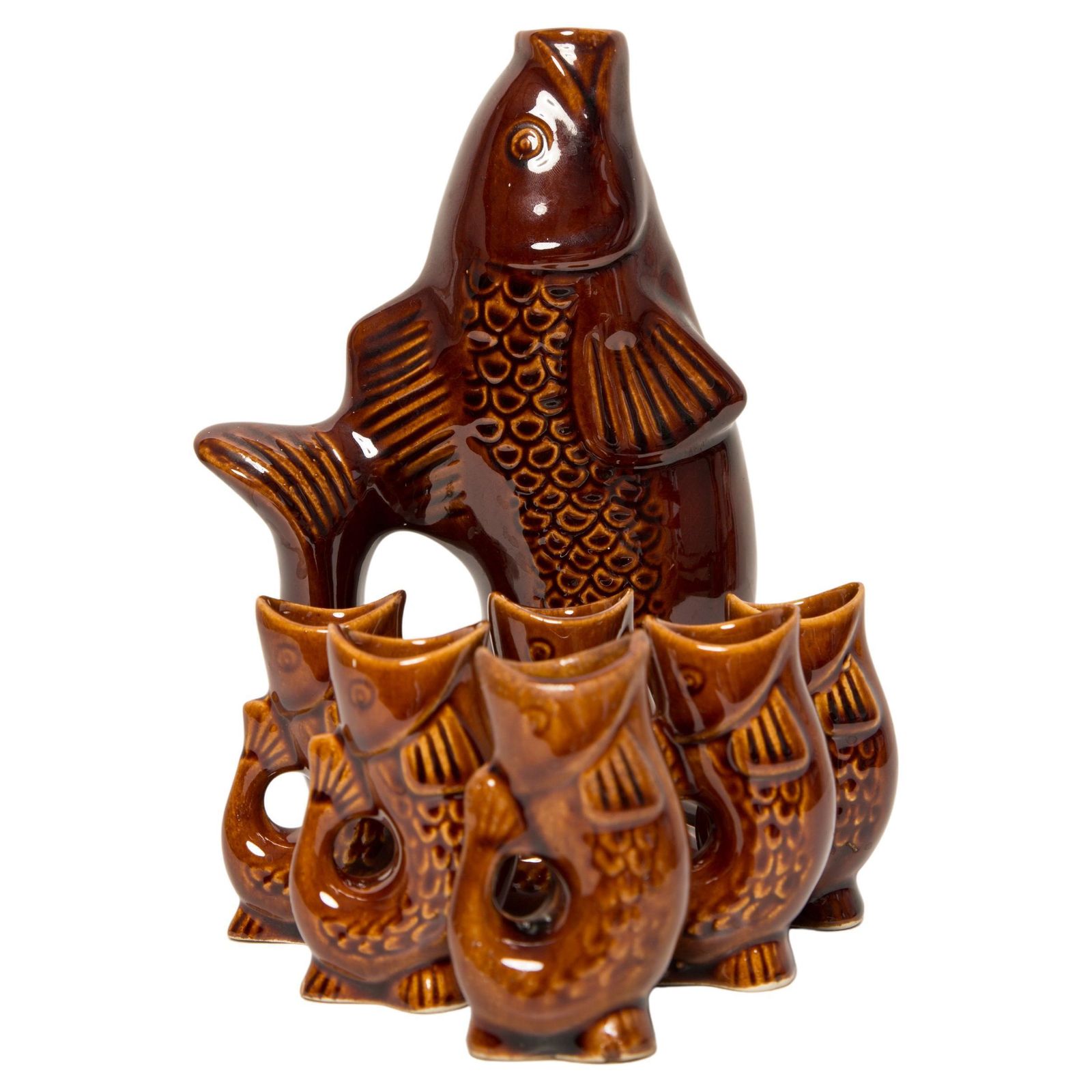 Brown Fish Glass Decanter And Glasses, 20th Century, Europe, 1960s