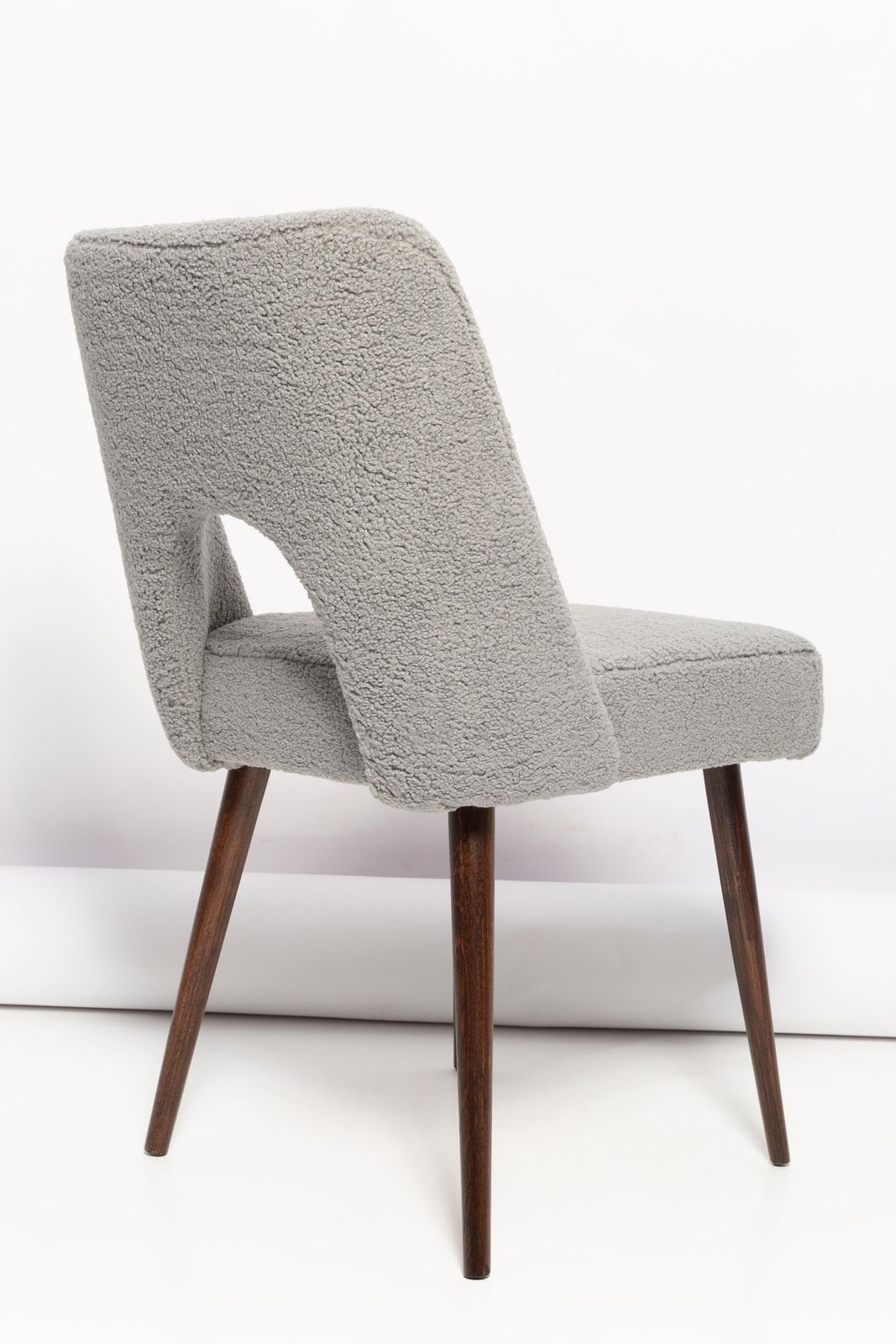 Gray Boucle 'Shell' Chair, Dark Brown Beech Wood, Poland, 1960s photo vinterior