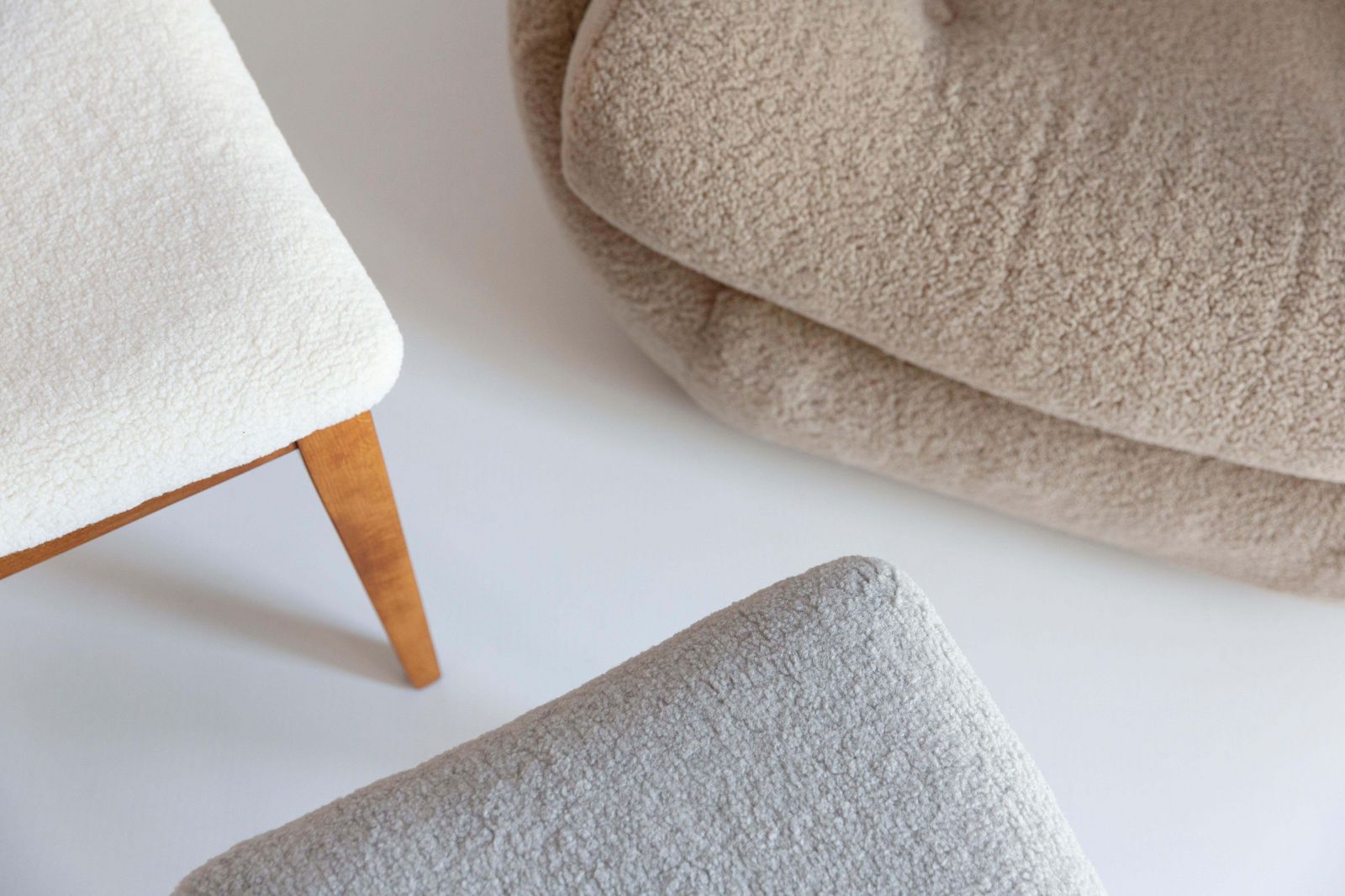 Mid Century Linen Boucle Chair, Walnut, Designed By M. Zielinski, Europe, 1960s photo vintage