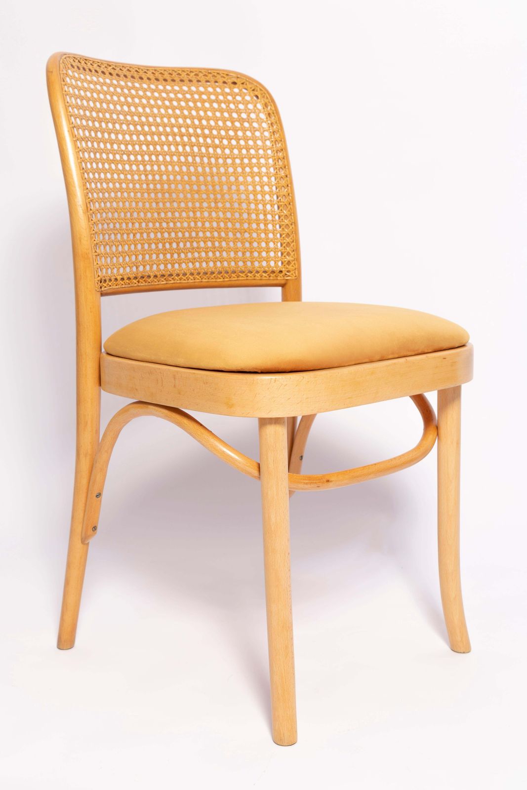 Mid Century Yellow Velvet Thonet Wood Rattan Chair, Europe, 1960s photo furniture