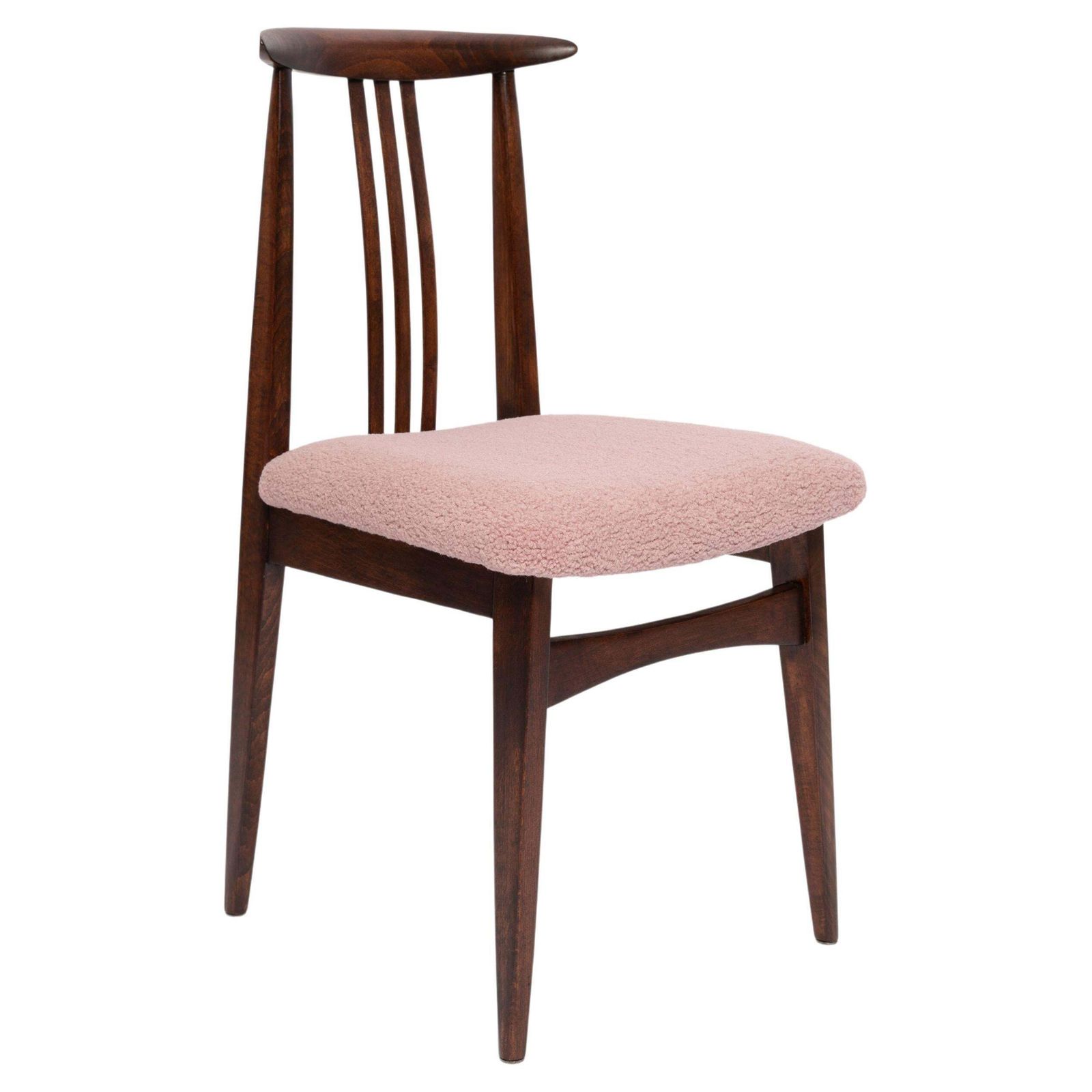 Mid Century Roze Boucle Fauteuil, Walnoothout, Door M. Zielinski, Europa, Jaren 1960