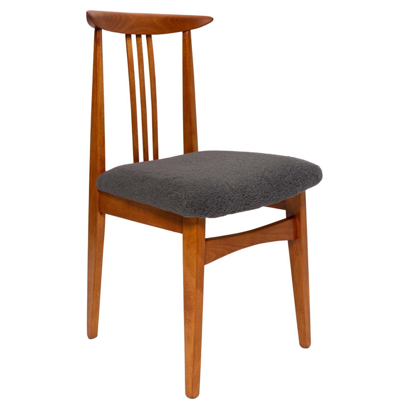 Mid Century Graphite Gray Boucle Chair, Medium Wood, M. Zielinski, Europe, 1960