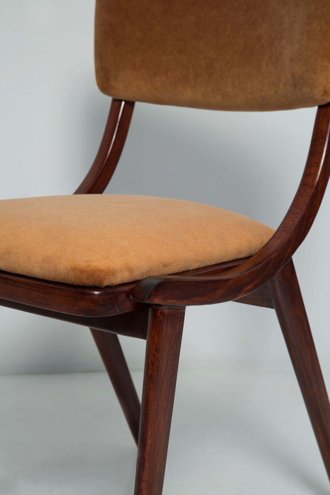 photo for sale Mid Century Modern Bumerang Chair, Brown Beige Velvet, Poland, 1960s