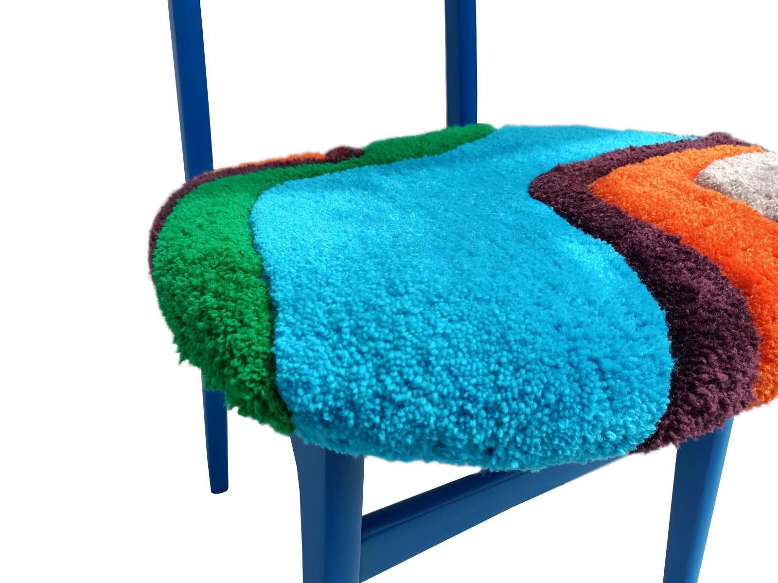 Mid Century Hand Tufting Chair, Blue Wood, Rajmund Halas, Poland, 1960s photo vintage
