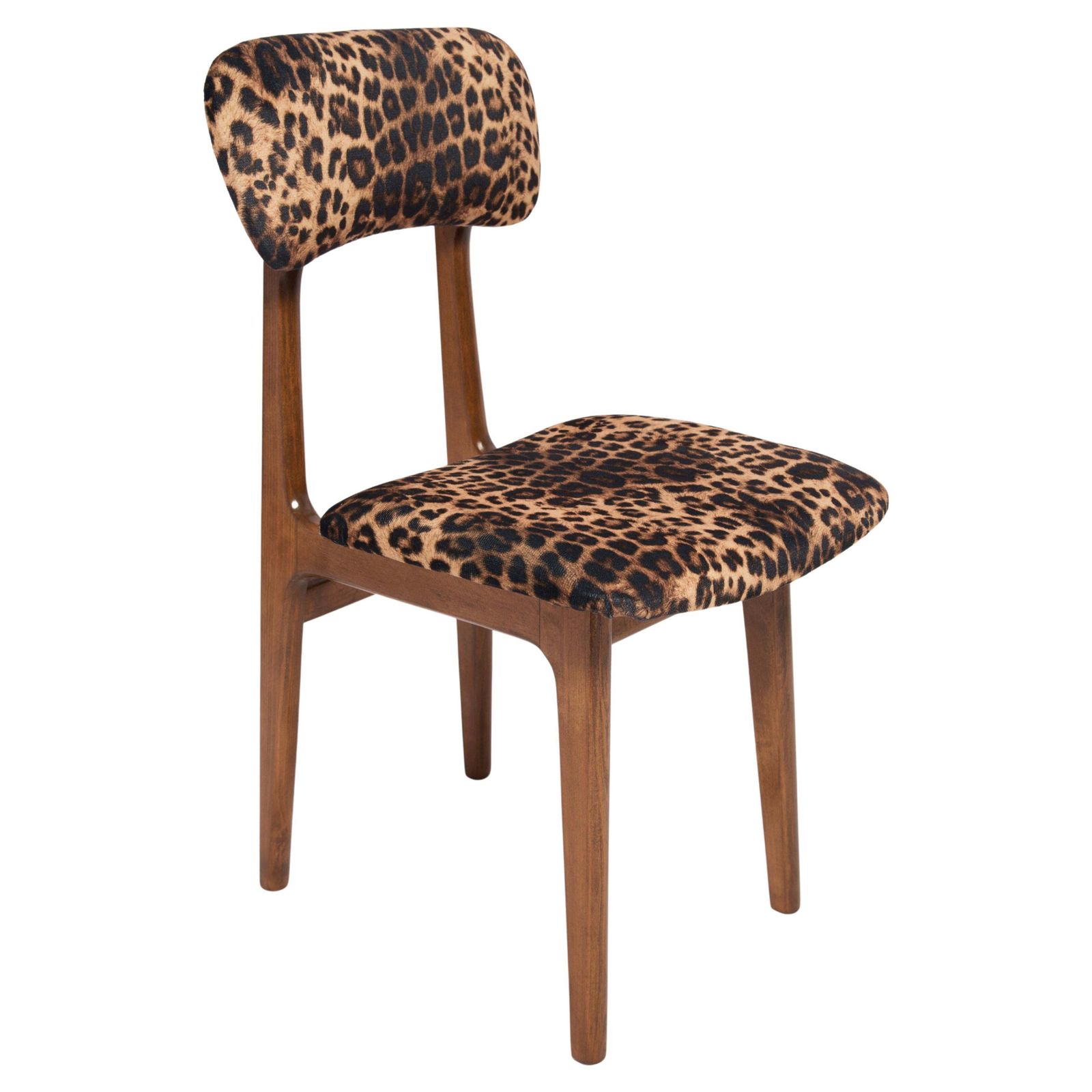 Mid Century Luipaardfluwelen Fauteuil, Walnouthout, Rajmund Halas, Polen, Jaren 1960