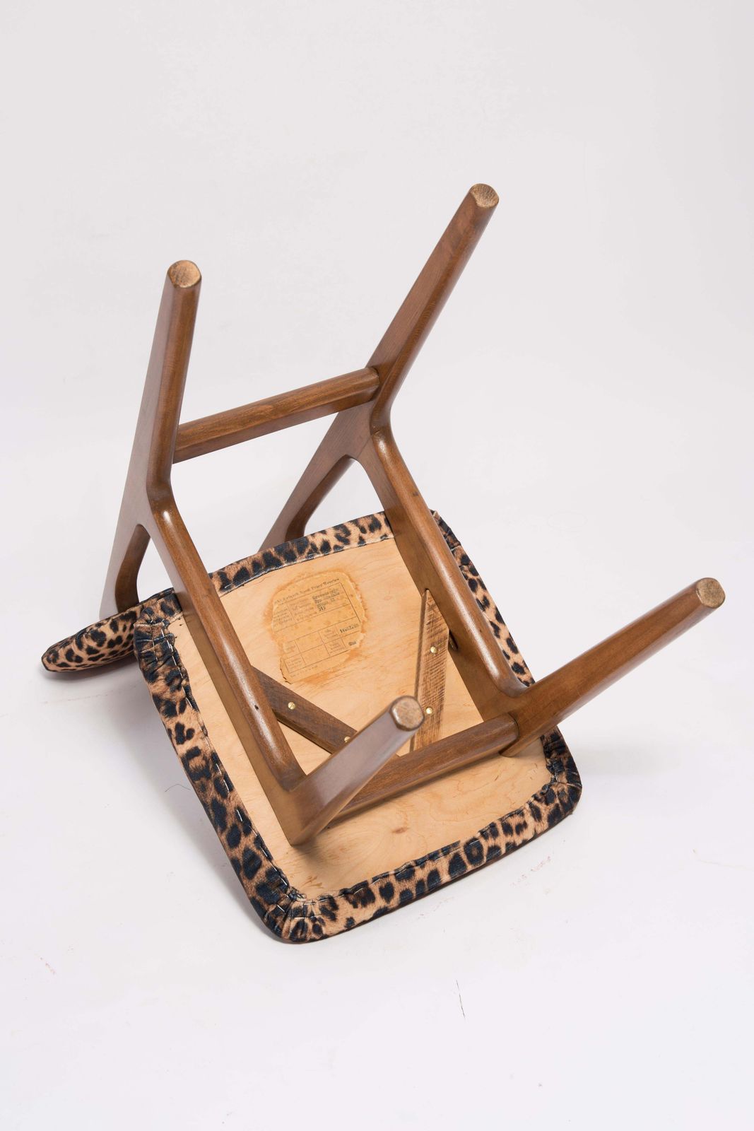 photo for sale Mid Century Leopard Velvet Chair, Walnut Wood, Rajmund Halas, Poland, 1960s