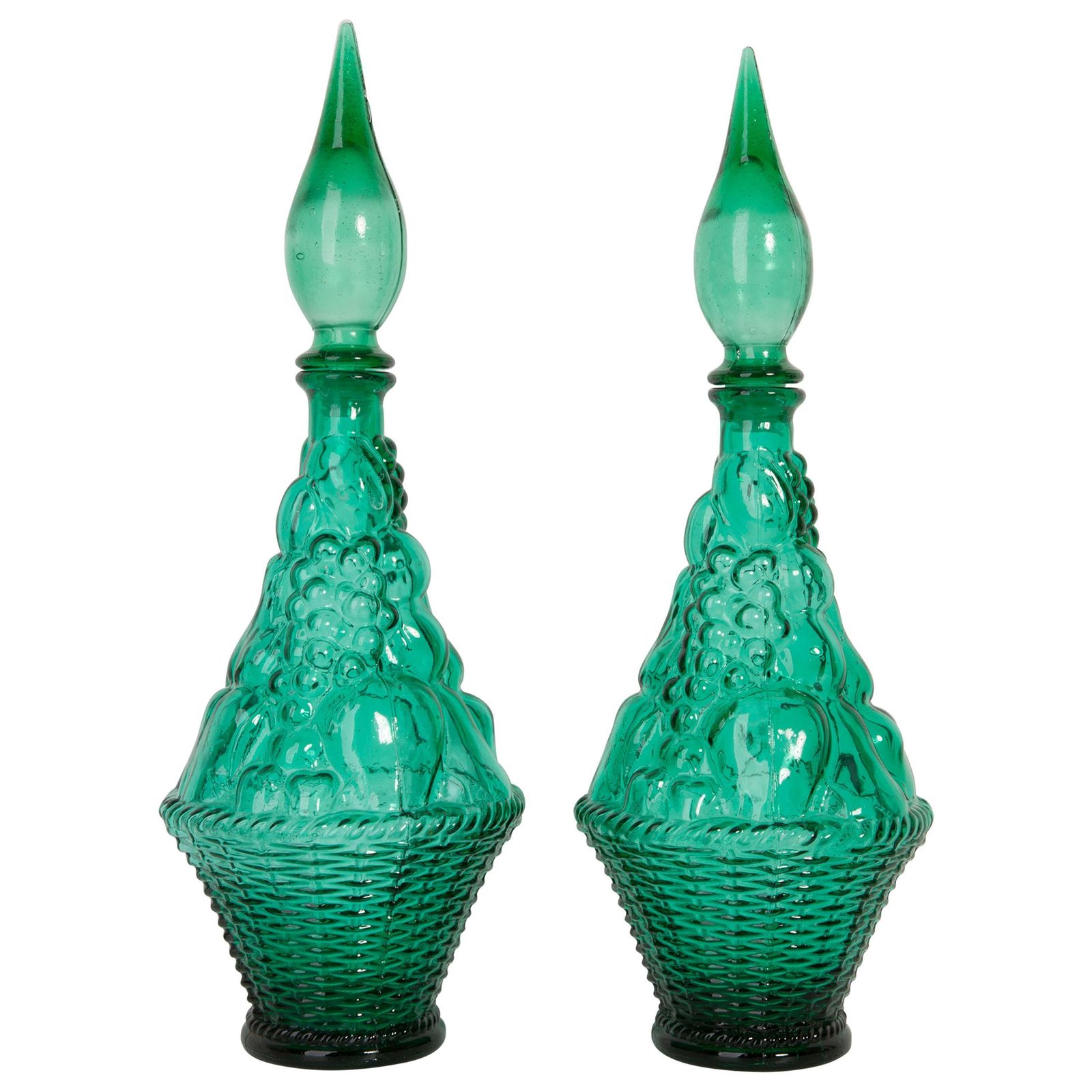 Set Of Two Green Glass Genie Decanters With Stoppers, 20th Century, Italy, 1960s