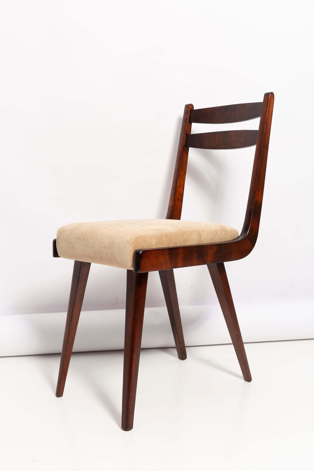 photo for sale Mid Century Gazelle II Beige Velvet, Walnut Wood Chair, Europe, 1960s