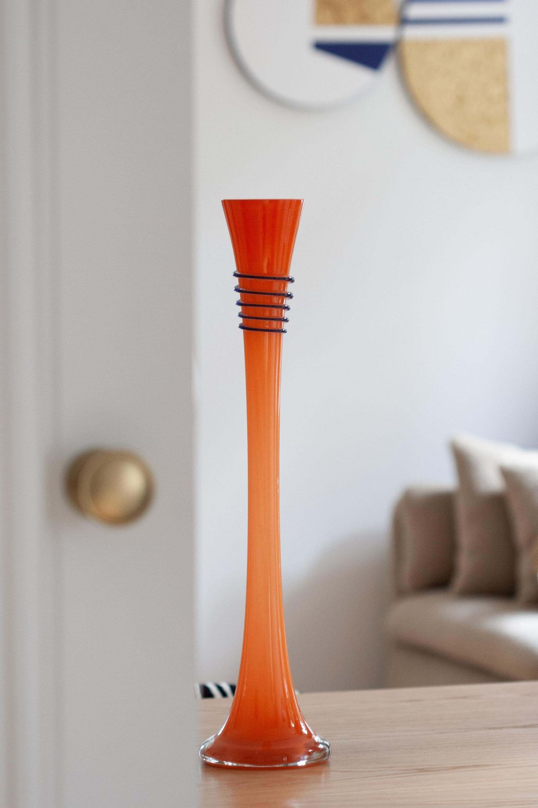 Home Decor Mid Century Vintage Slim High Orange Decorative Glass Vase, Europe, 1960s photo