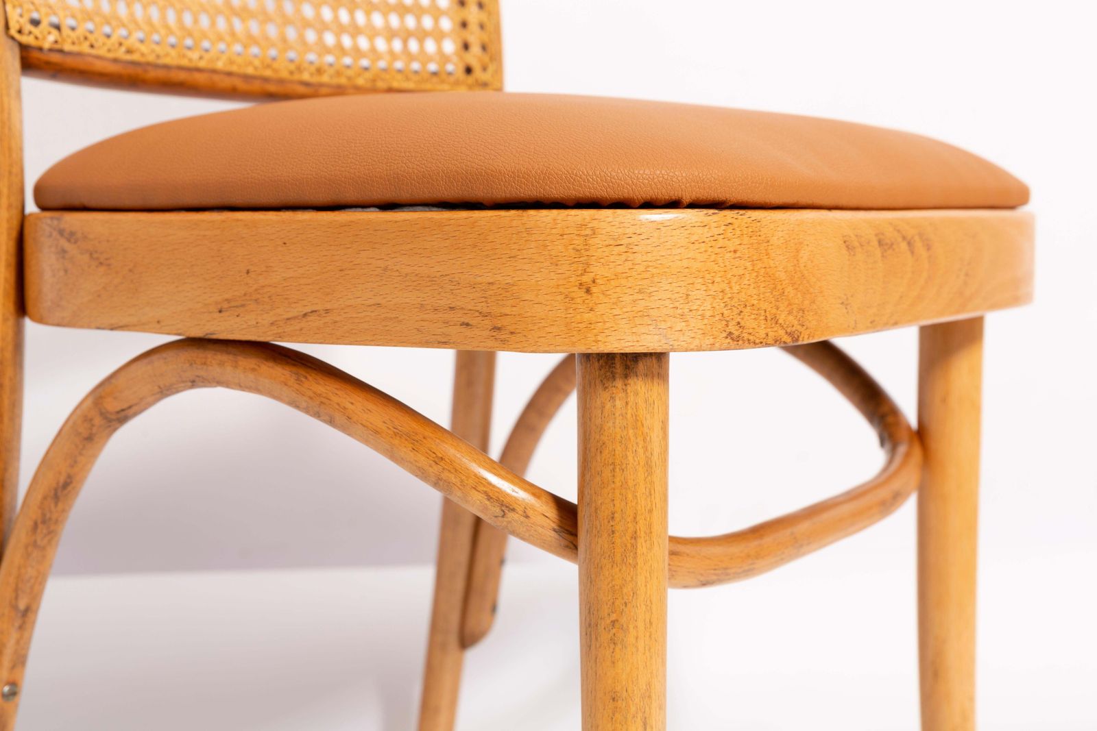 Camel Faux Leather Thonet Wood Rattan Chair, 1960s photo for sale