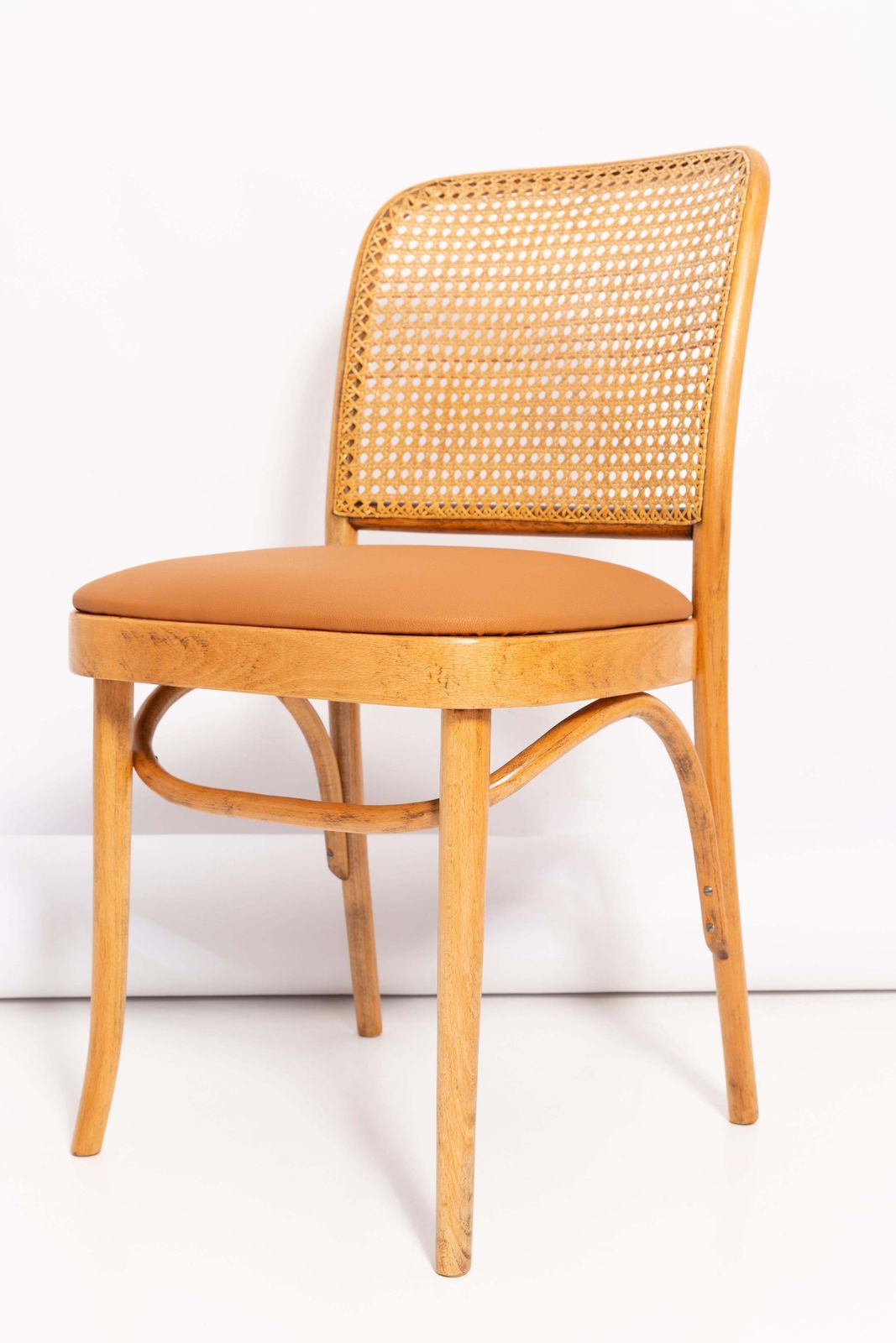 Camel Faux Leather Thonet Wood Rattan Chair, 1960s photo vintage
