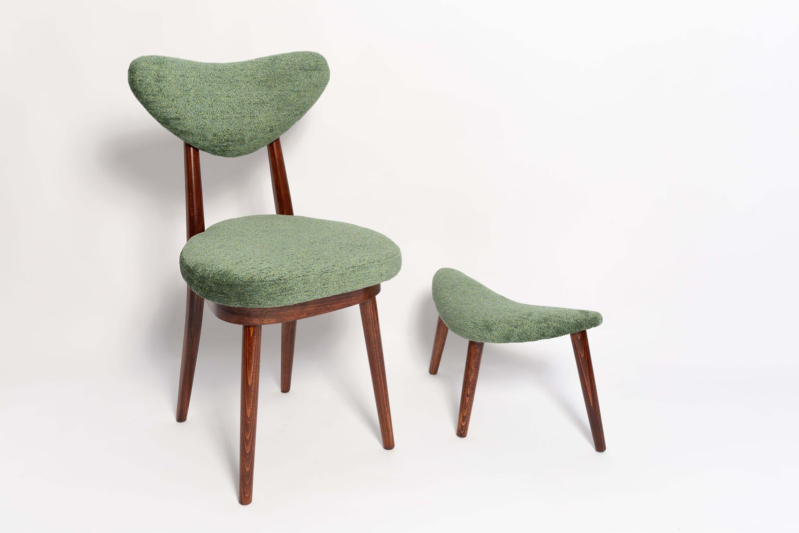 Mid Century Heart Chair And Stool, Green Velvet, Dark Wood, Europe 1960s photo for sale