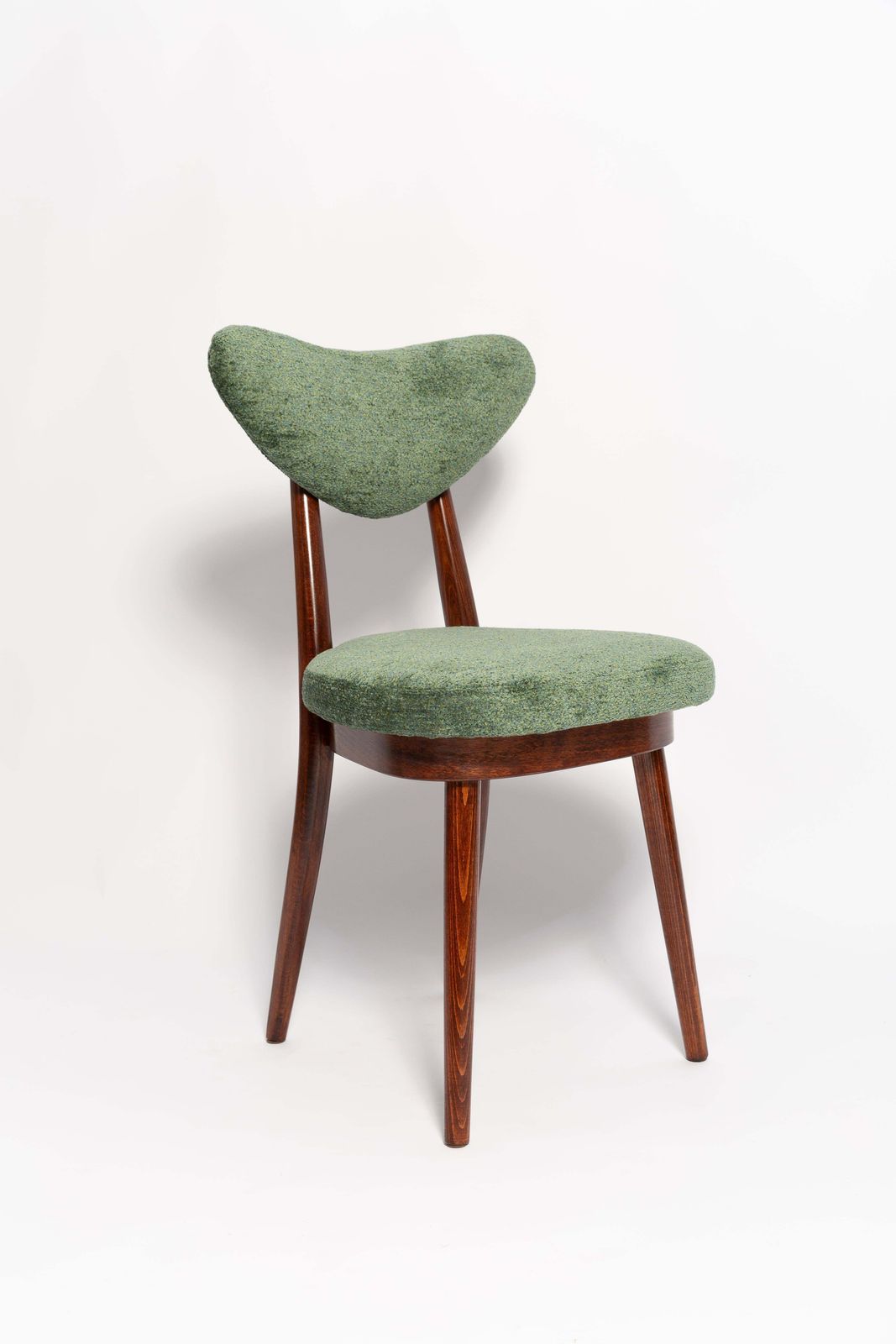 Mid Century Heart Chair And Stool, Green Velvet, Dark Wood, Europe 1960s photo vintage