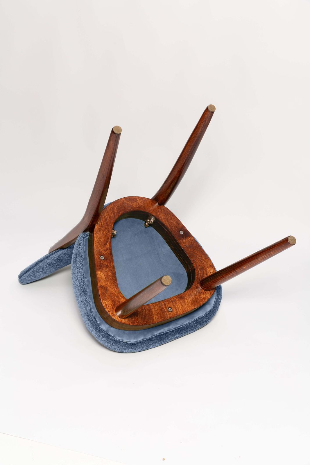 Mid Century Heart Chair And Stool, Blue Velvet, Dark Wood, Europe 1960s photo 722.0